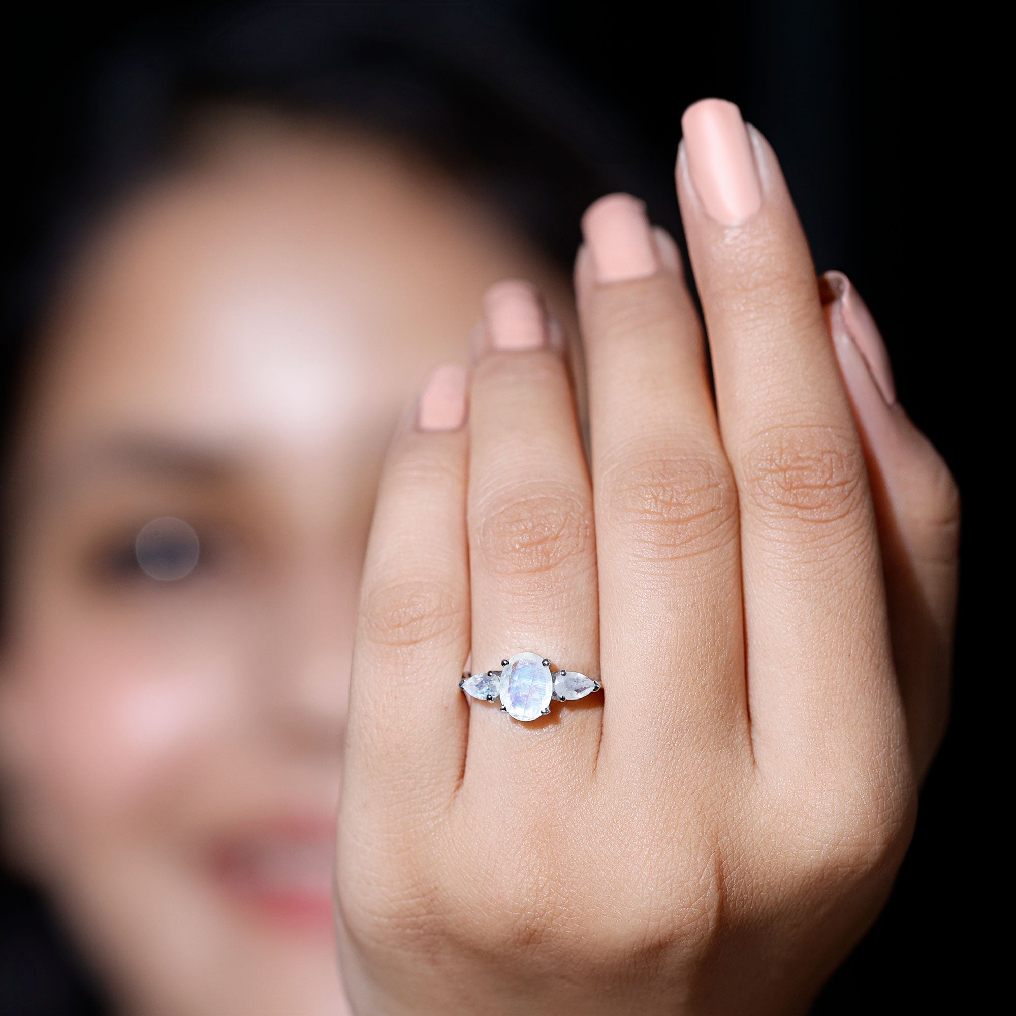 Natural Moonstone Three Stone Engagement Ring AAA - Rosec Jewels