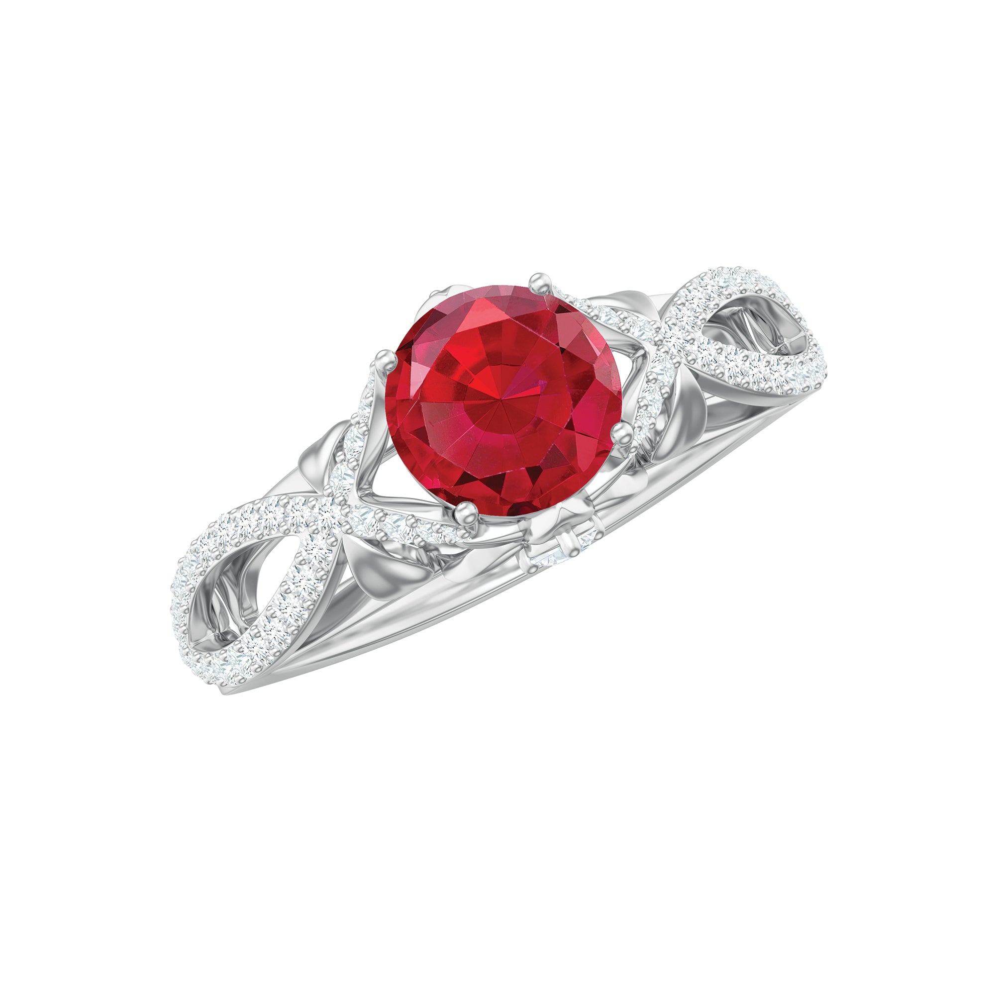 Classic Created Ruby and Diamond Crossover Engagement Ring with Diamond AAAA - Rosec Jewels