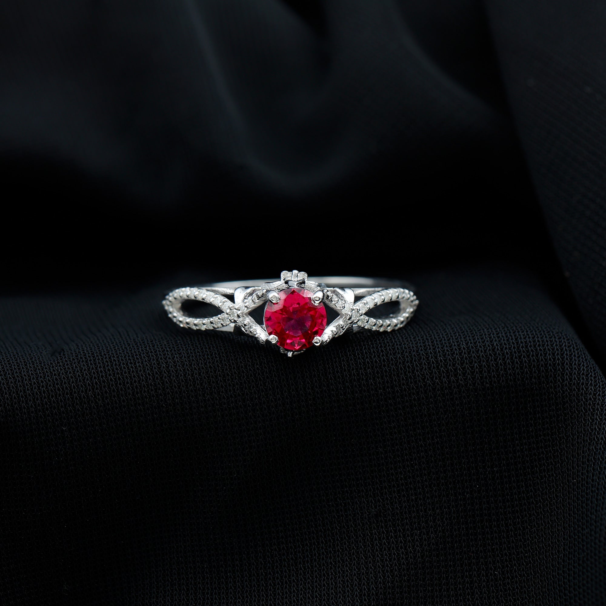 Classic Created Ruby and Diamond Crossover Engagement Ring with Diamond AAAA - Rosec Jewels