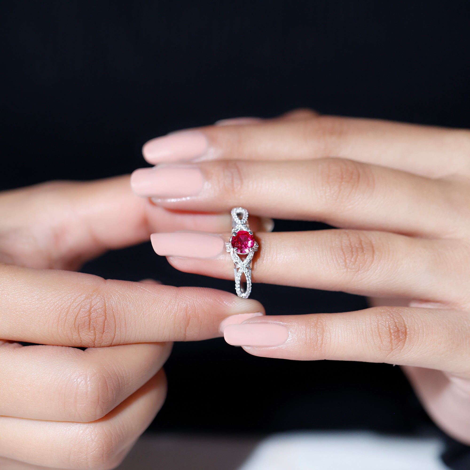 Classic Created Ruby and Diamond Crossover Engagement Ring with Diamond AAAA - Rosec Jewels