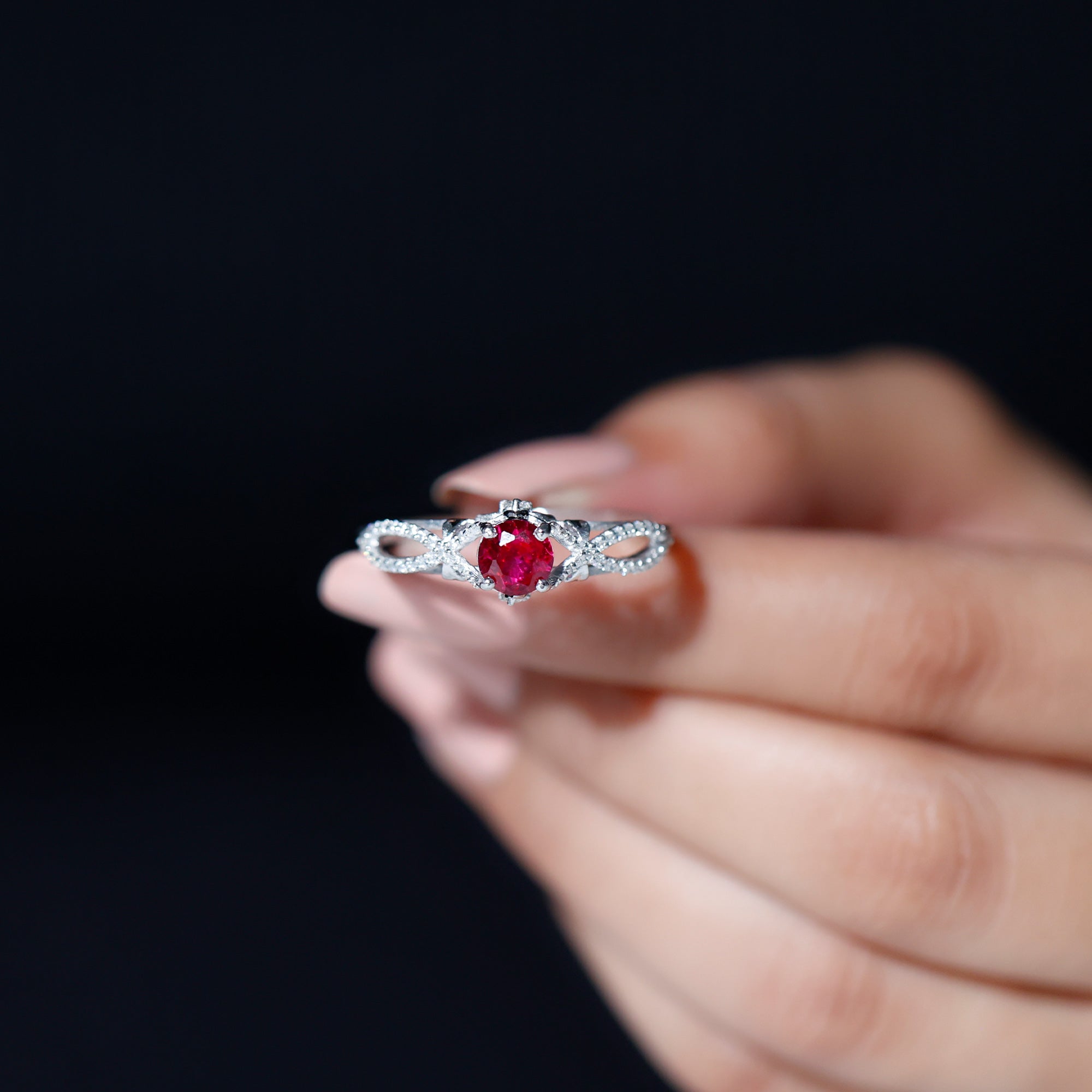 Classic Created Ruby and Diamond Crossover Engagement Ring with Diamond AAAA - Rosec Jewels