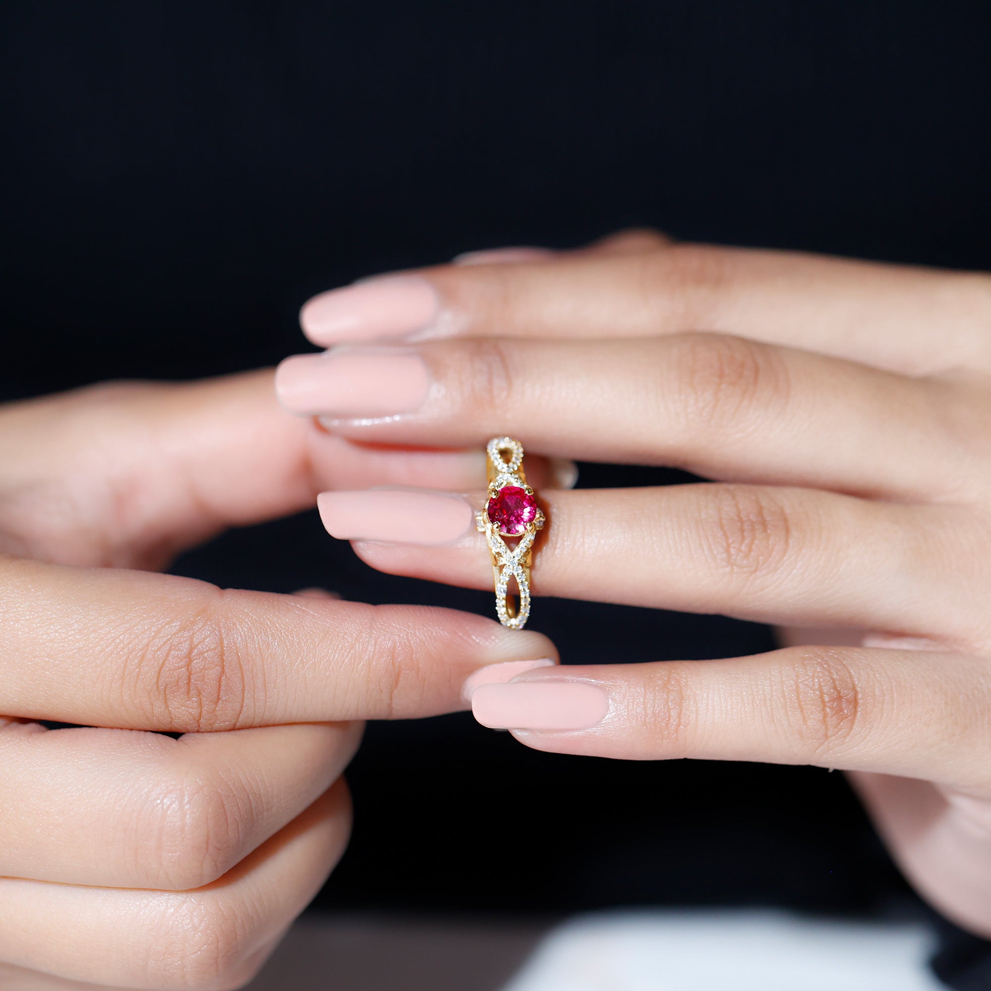 Classic Created Ruby and Diamond Crossover Engagement Ring with Diamond AAAA - Rosec Jewels