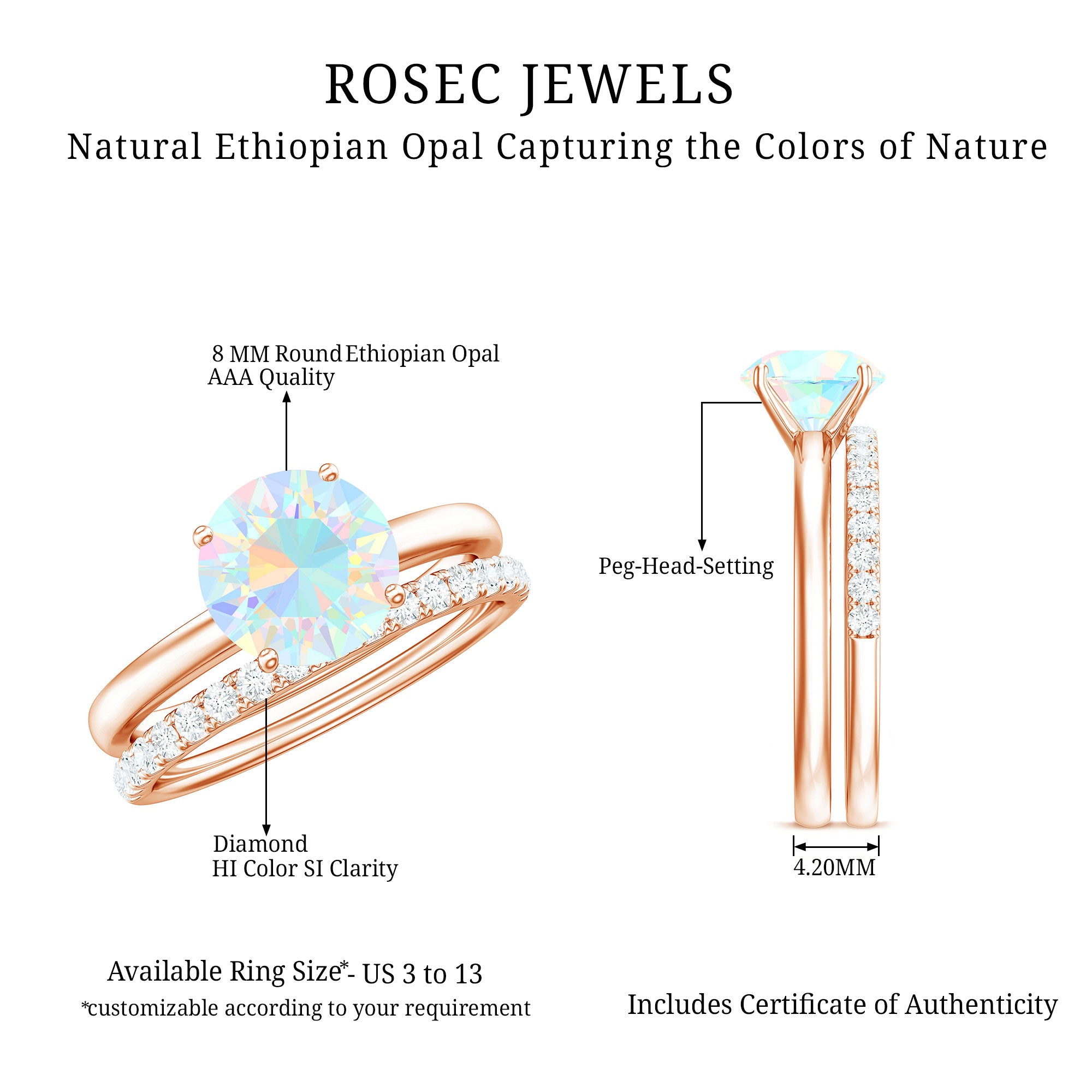 Natural 2 Carat Ethiopian Opal Diamond Solitaire Engagement Wedding Ring Set AAA - Rosec Jewels