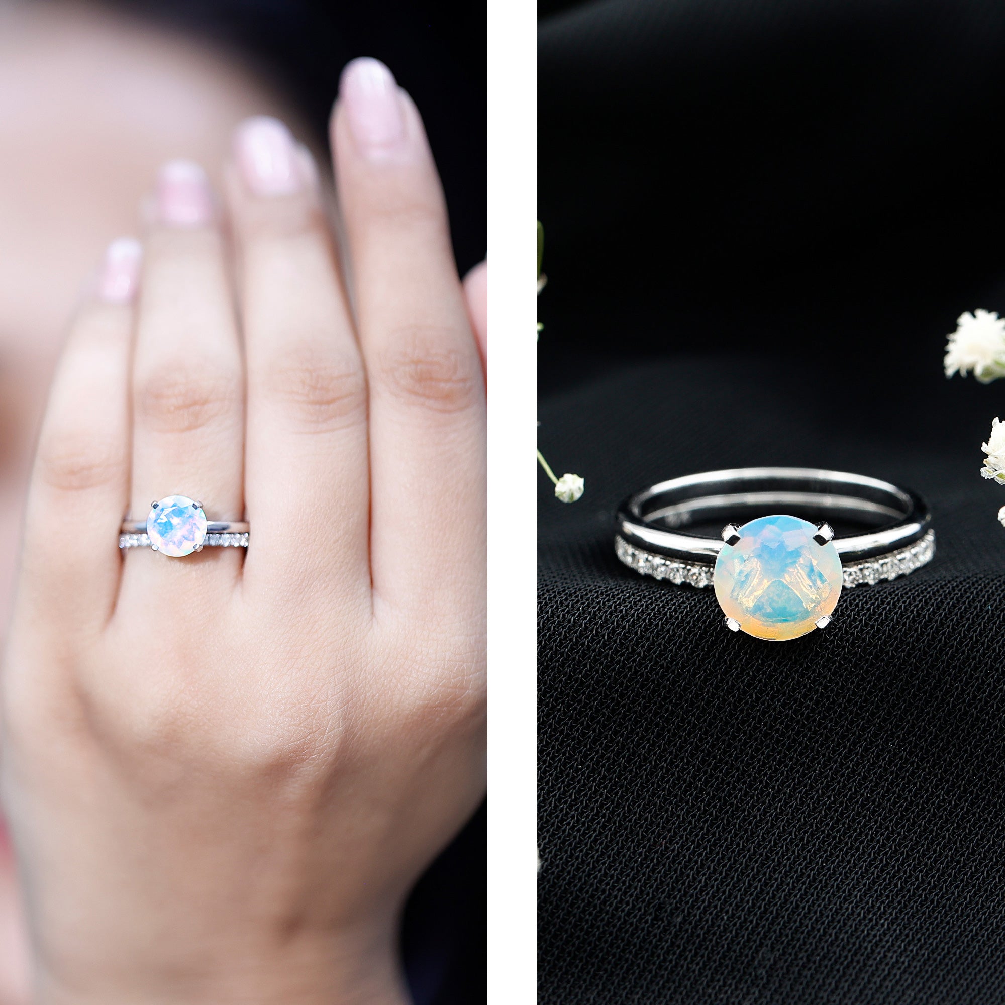 Natural 2 Carat Ethiopian Opal Diamond Solitaire Engagement Wedding Ring Set AAA - Rosec Jewels