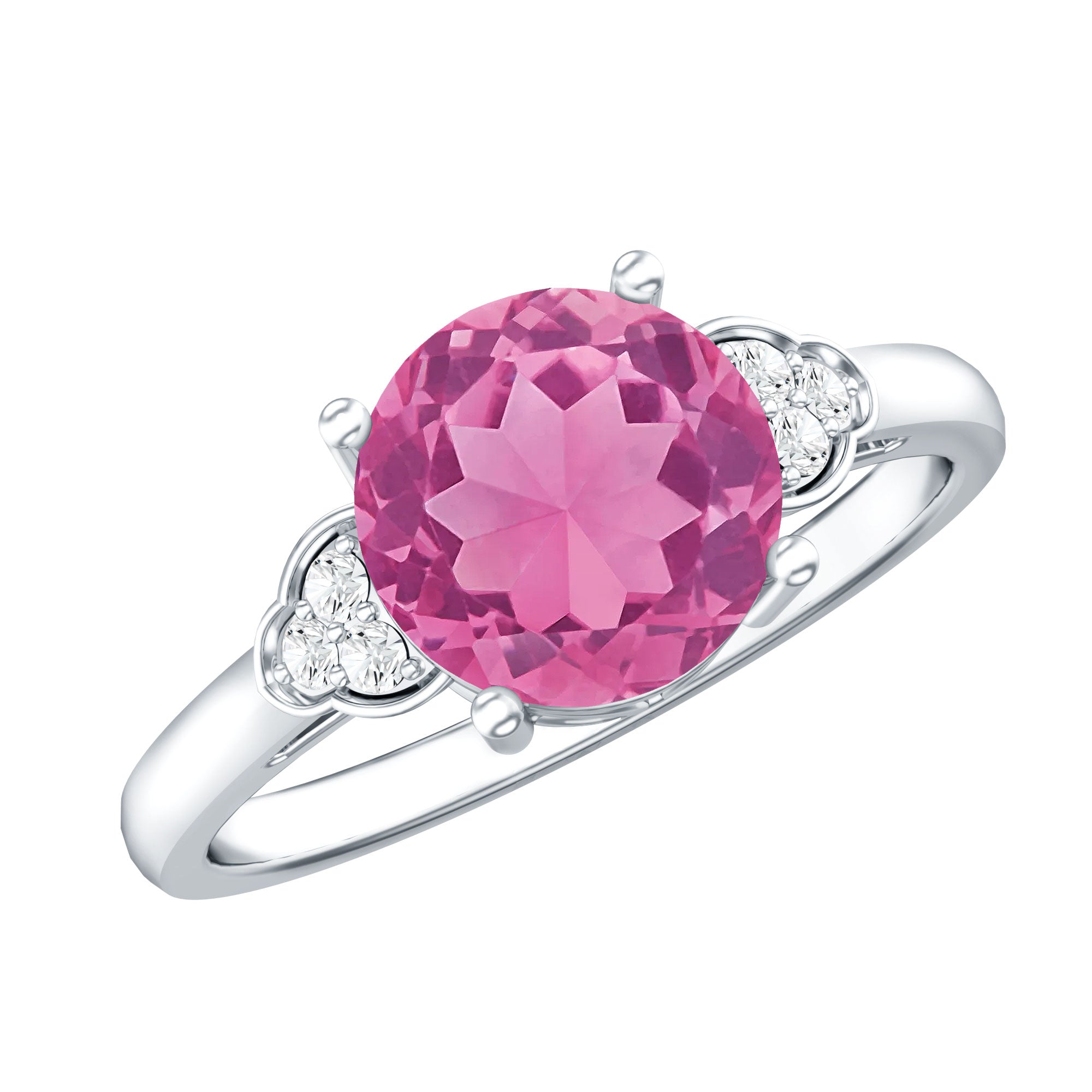 Round Pink Tourmaline Solitaire Engagement Ring with Diamond AAA - Rosec Jewels