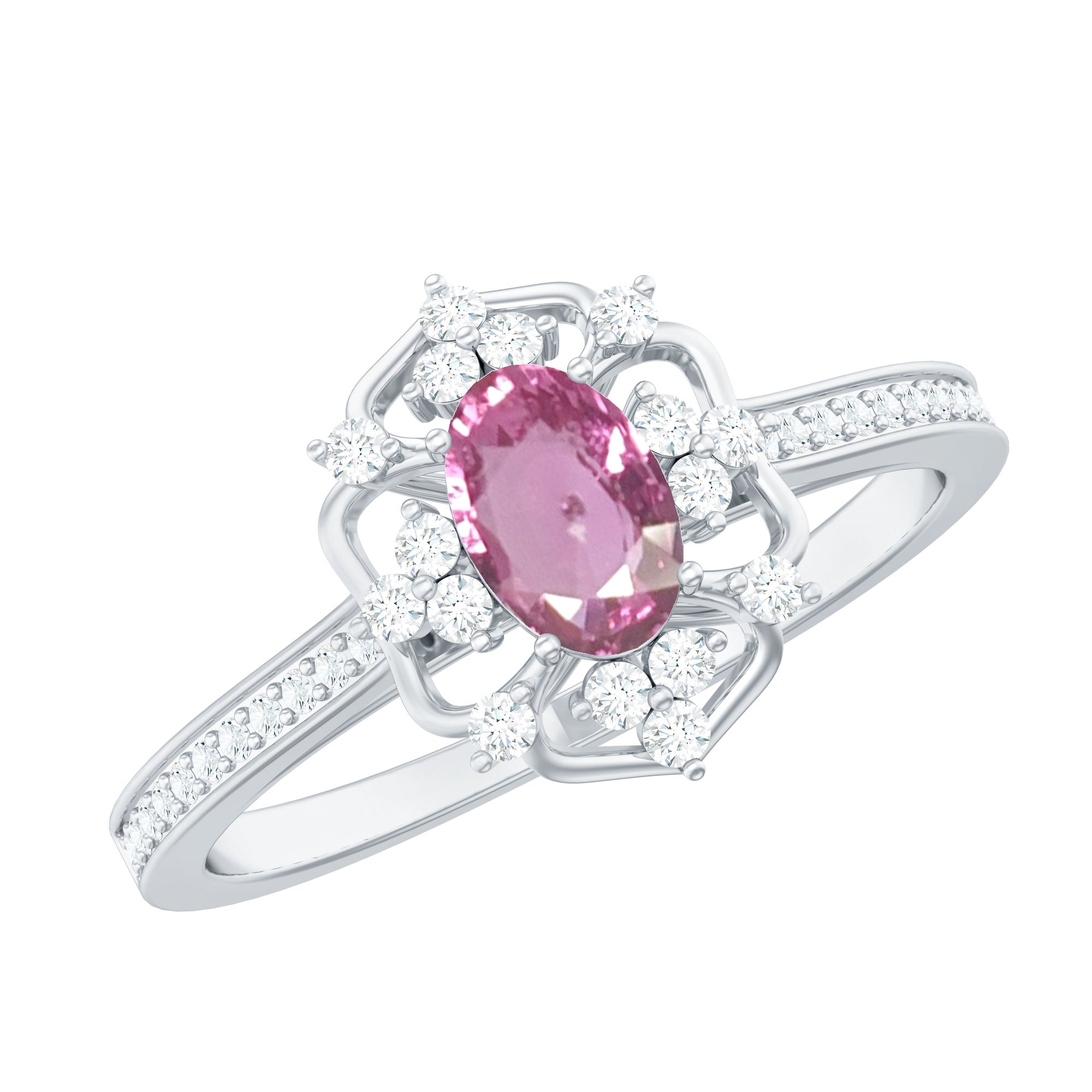 Natural Pink Sapphire Diamond Vintage Engagement Ring in Silver AAA 92.5 Sterling Silver - Rosec Jewels