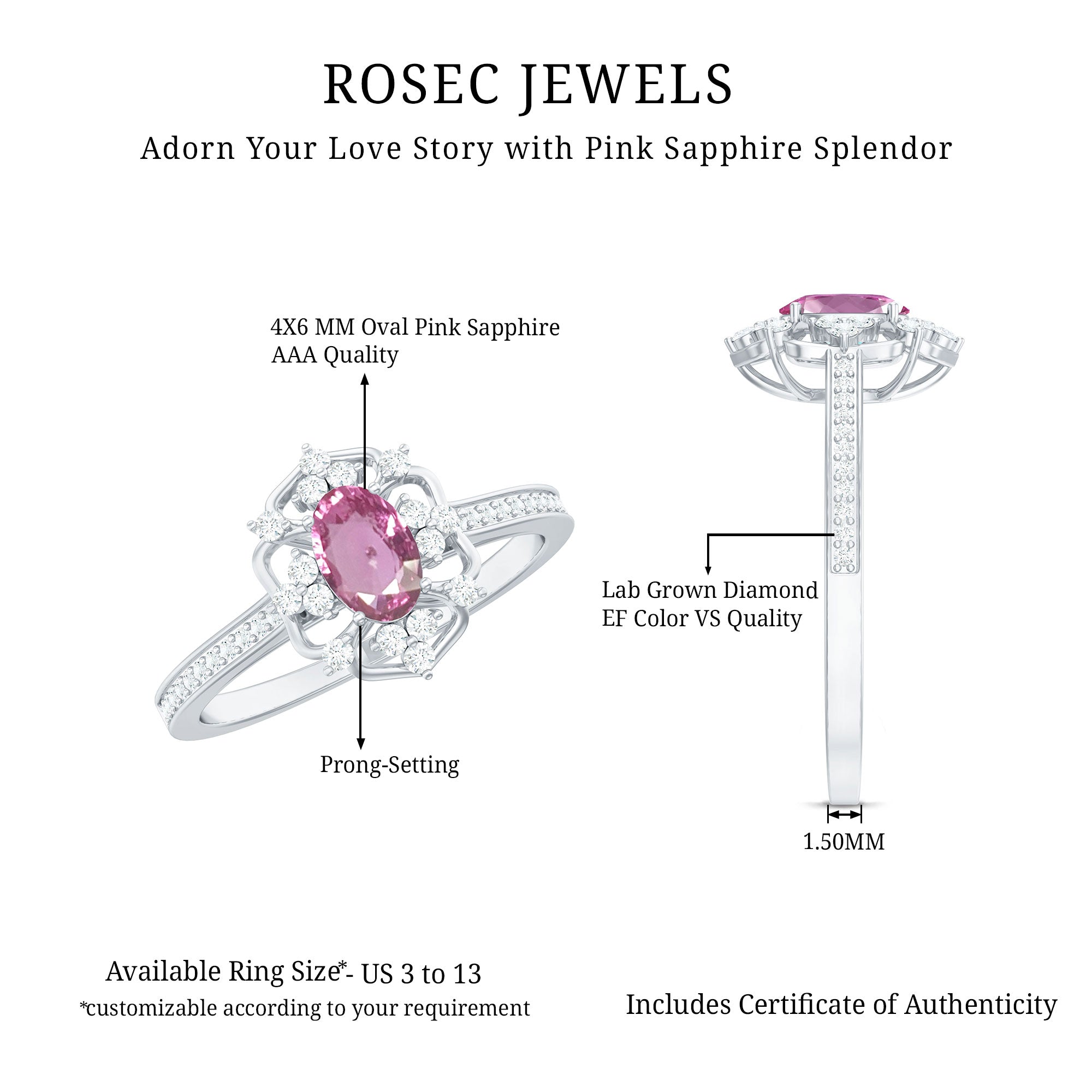 Natural Pink Sapphire Diamond Vintage Engagement Ring in Silver AAA 92.5 Sterling Silver - Rosec Jewels