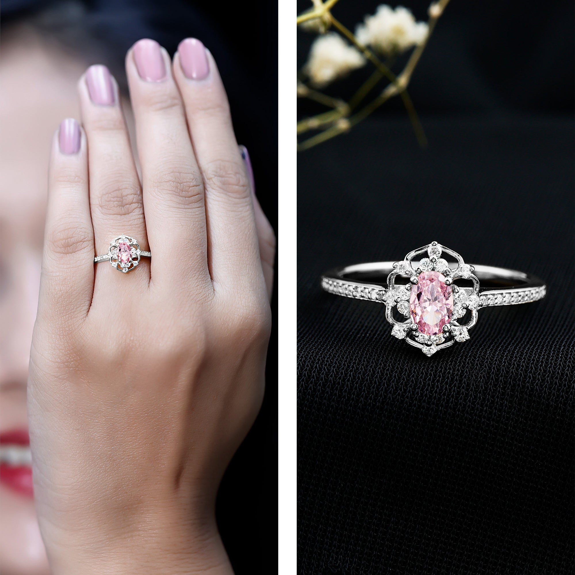 Rosec Jewels-Vintage Inspired Pink Sapphire Diamond Engagement Ring in Silver