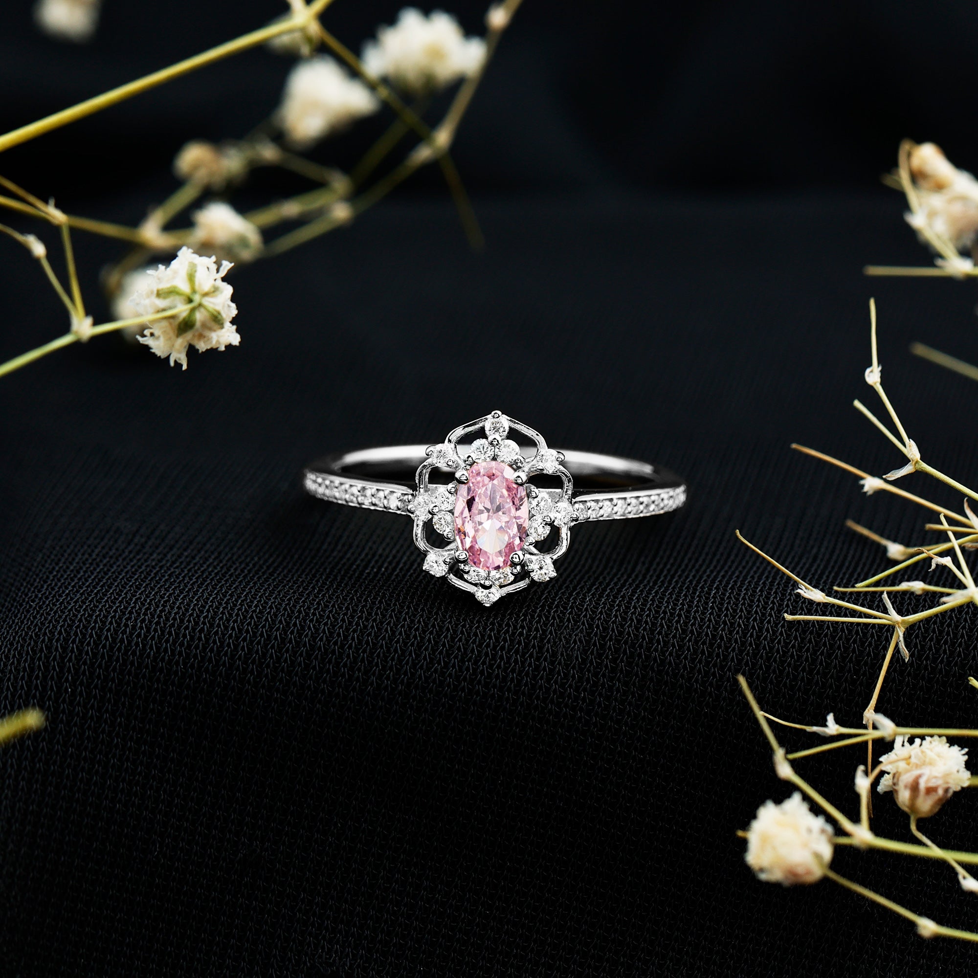 Natural Pink Sapphire Diamond Vintage Engagement Ring in Silver AAA 92.5 Sterling Silver - Rosec Jewels