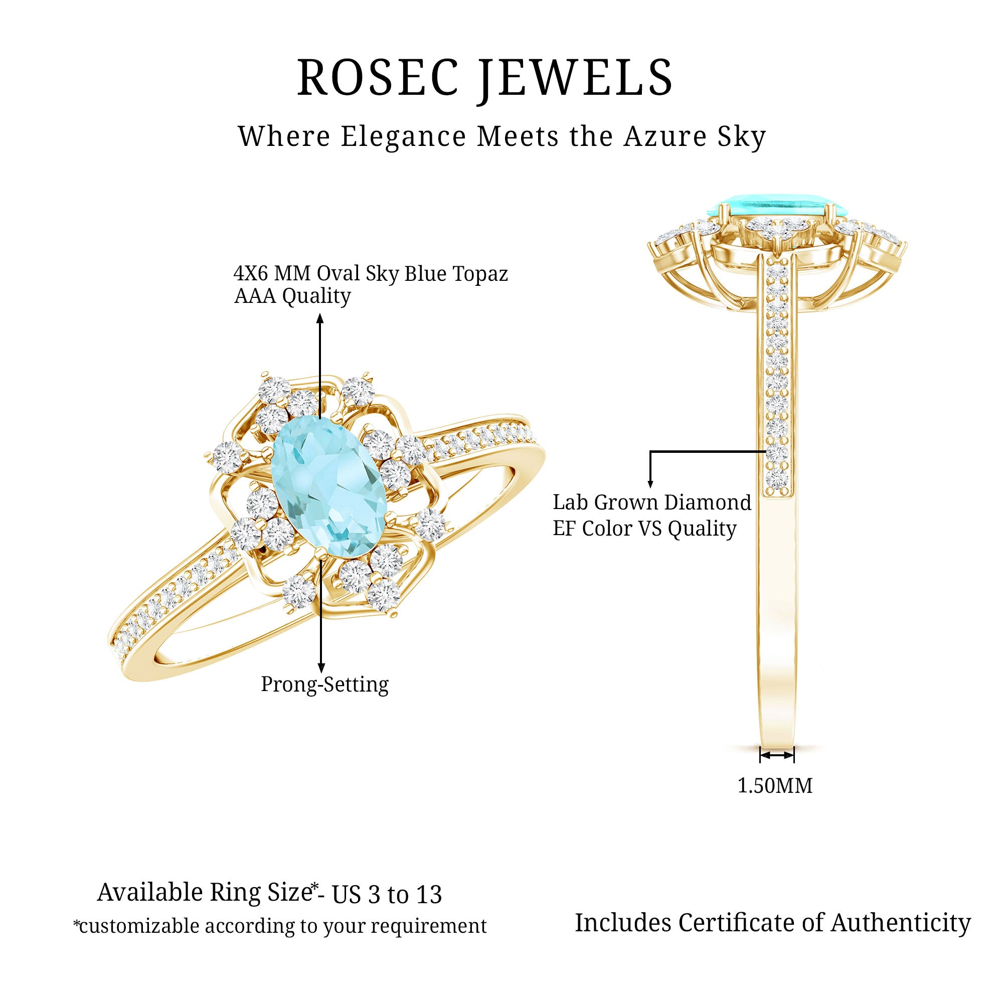 Genuine Sky Blue Topaz Vintage Engagement Ring in Gold Plated Silver AAA 14K Yellow Gold Plated Silver - Rosec Jewels