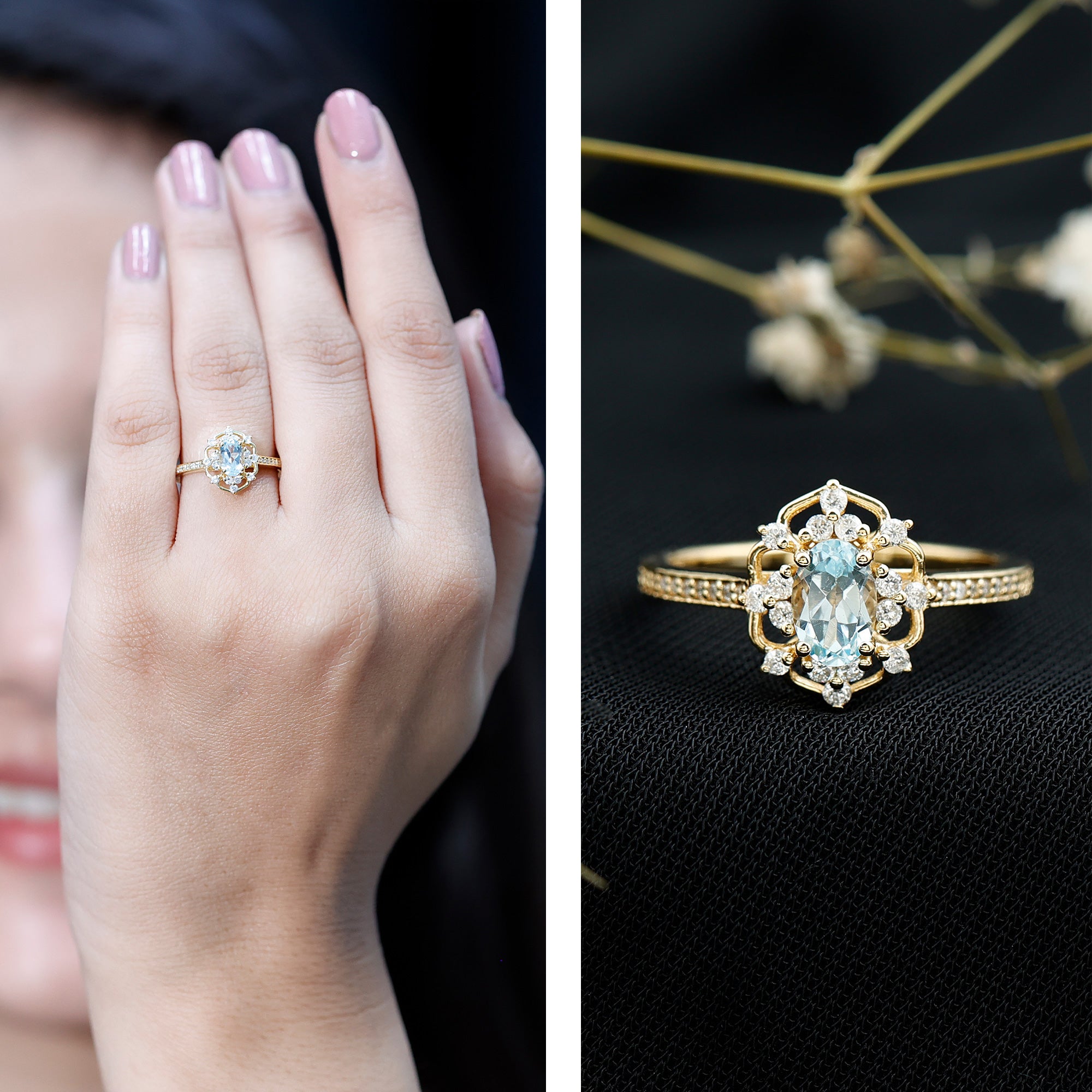 Genuine Sky Blue Topaz Vintage Engagement Ring in Gold Plated Silver AAA 14K Yellow Gold Plated Silver - Rosec Jewels