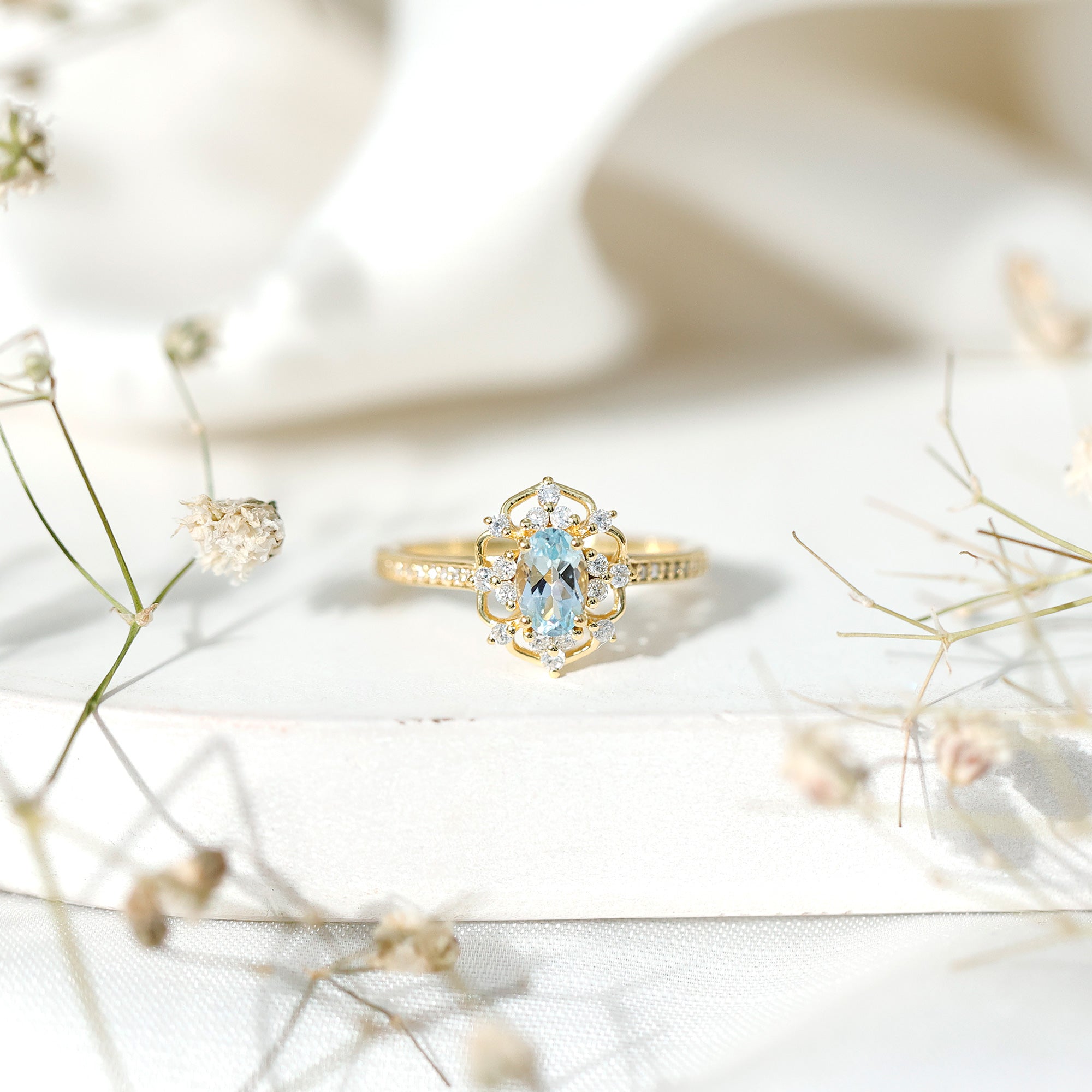 Genuine Sky Blue Topaz Vintage Engagement Ring in Gold Plated Silver AAA 14K Yellow Gold Plated Silver - Rosec Jewels