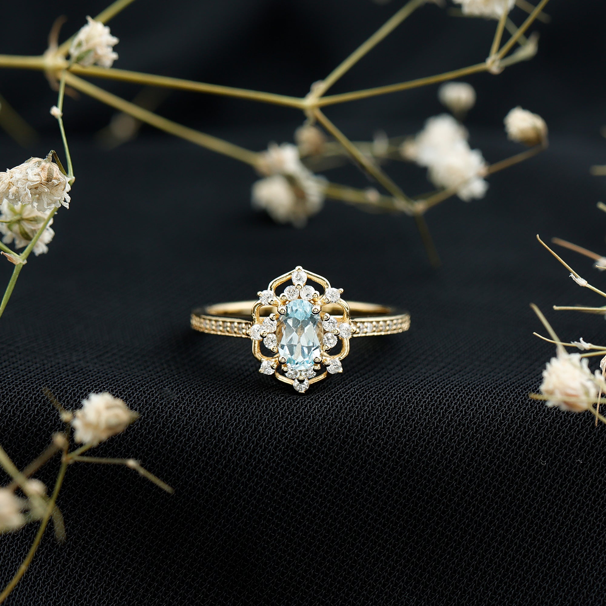 Genuine Sky Blue Topaz Vintage Engagement Ring in Gold Plated Silver AAA 14K Yellow Gold Plated Silver - Rosec Jewels