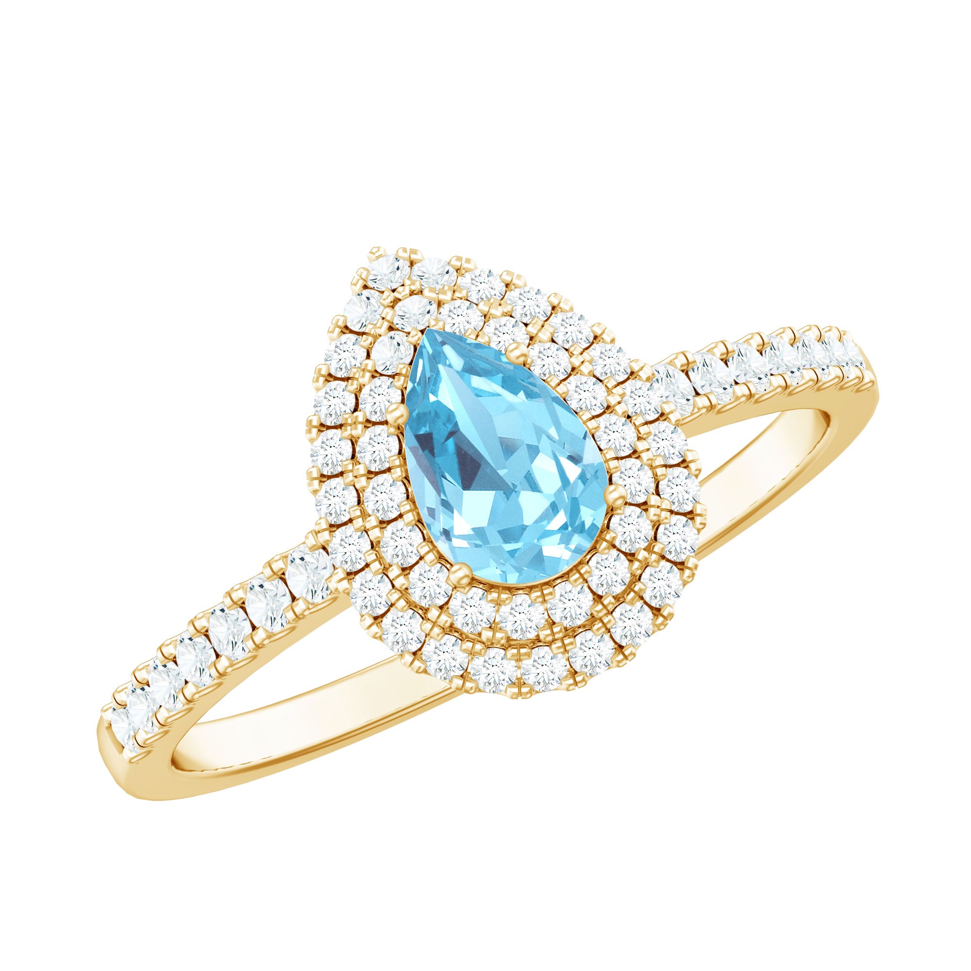 Classic Aquamarine and Diamond Teardrop Engagement Ring with Double Halo AAA - Rosec Jewels