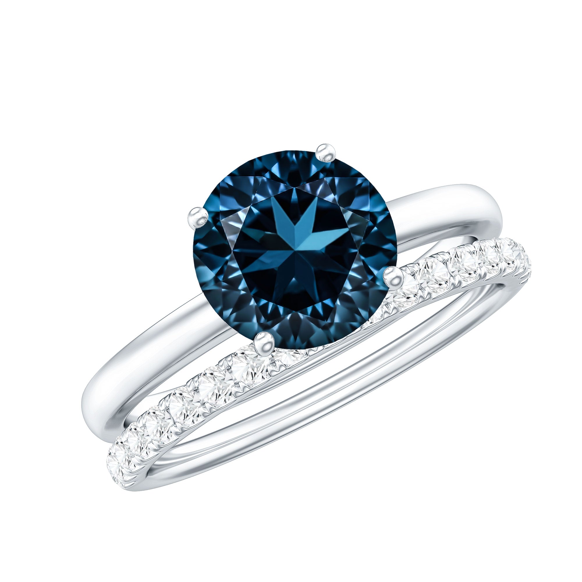 2 Carat Round London Blue Topaz Solitaire Engagement Ring with Diamond Band AAA - Rosec Jewels