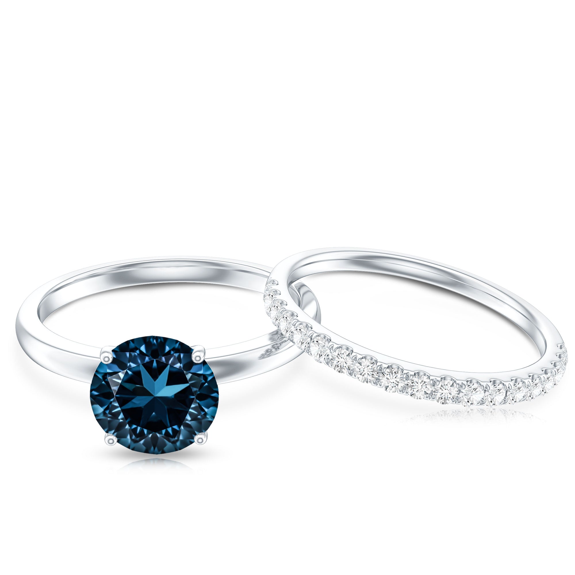 2 Carat Round London Blue Topaz Solitaire Engagement Ring with Diamond Band AAA - Rosec Jewels