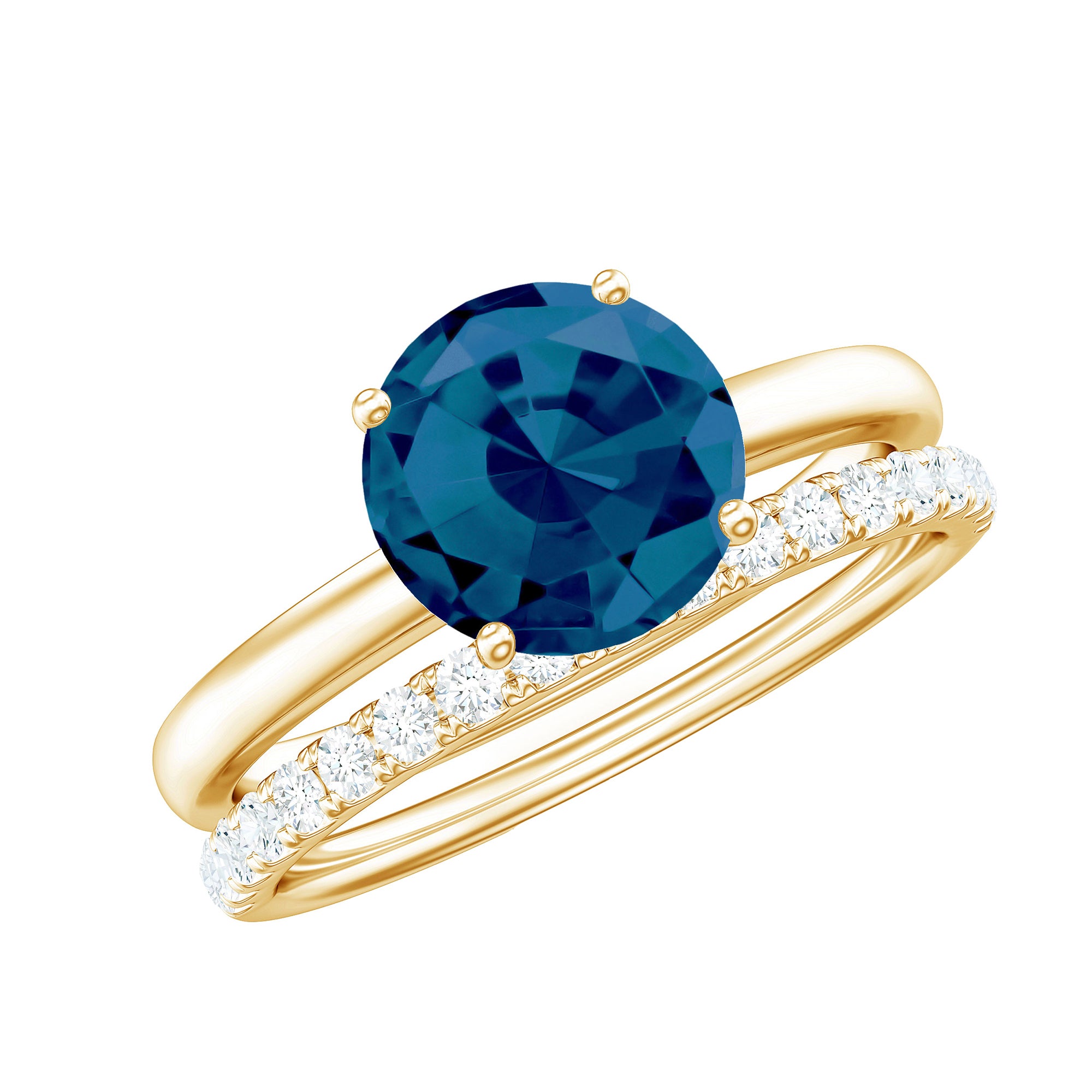 8mm Round London Blue Topaz Solitaire Engagement Ring with Diamond Band AAA - Rosec Jewels