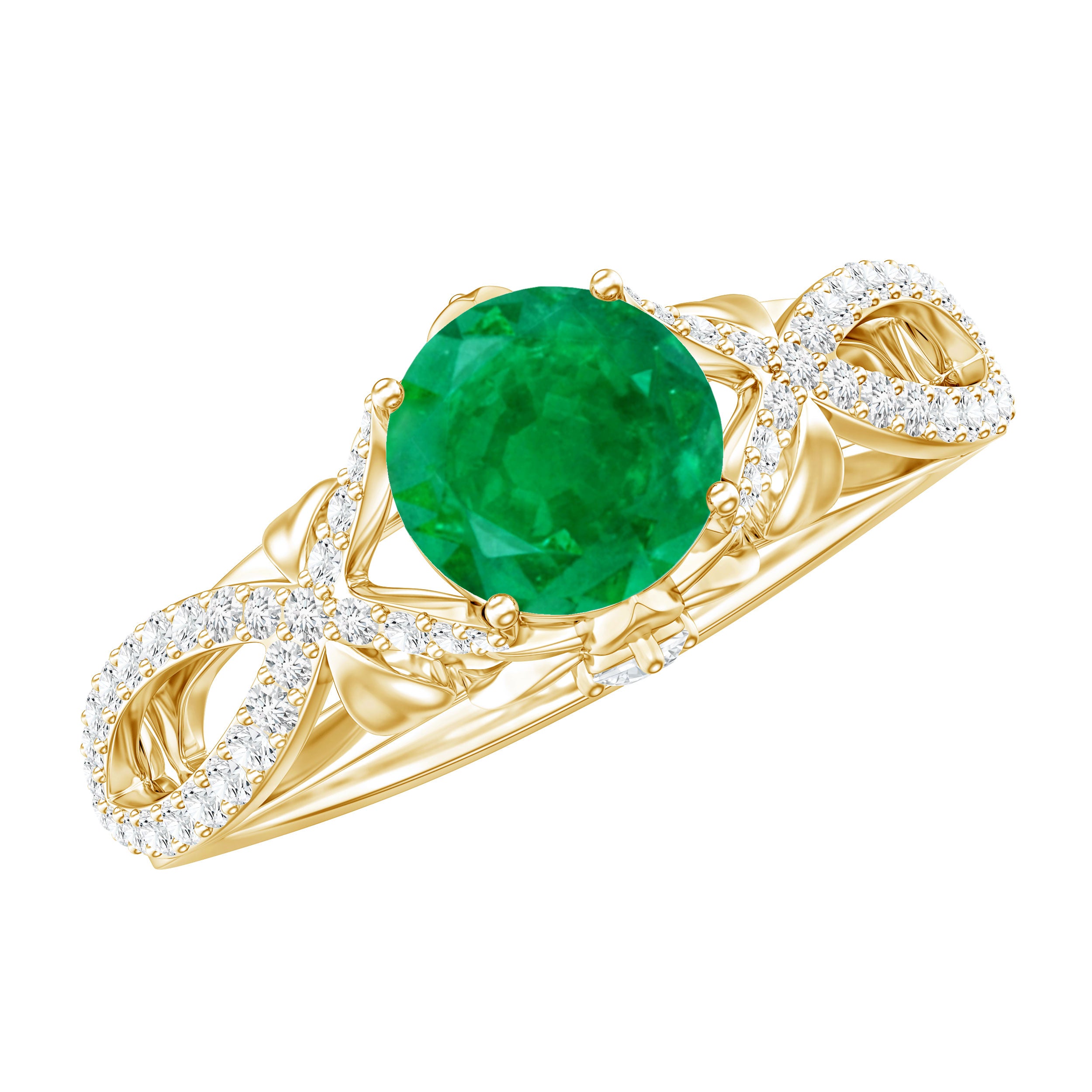 Designer Emerald Crossover Engagement Ring with Diamond AAA - Rosec Jewels