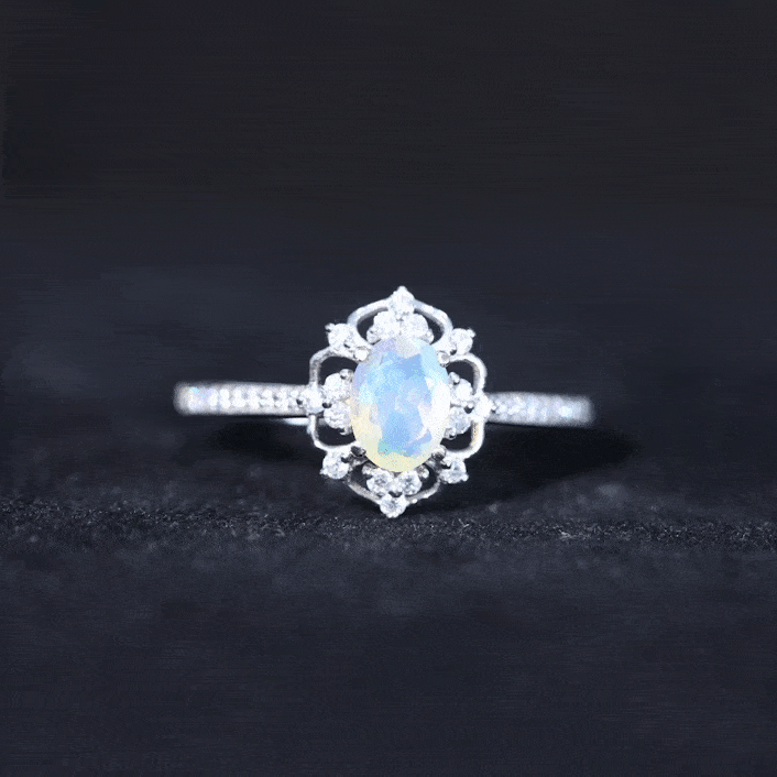 Natural Oval Ethiopian Rainbow Opal Vintage Looking Engagement Ring with Diamond AAA - Rosec Jewels