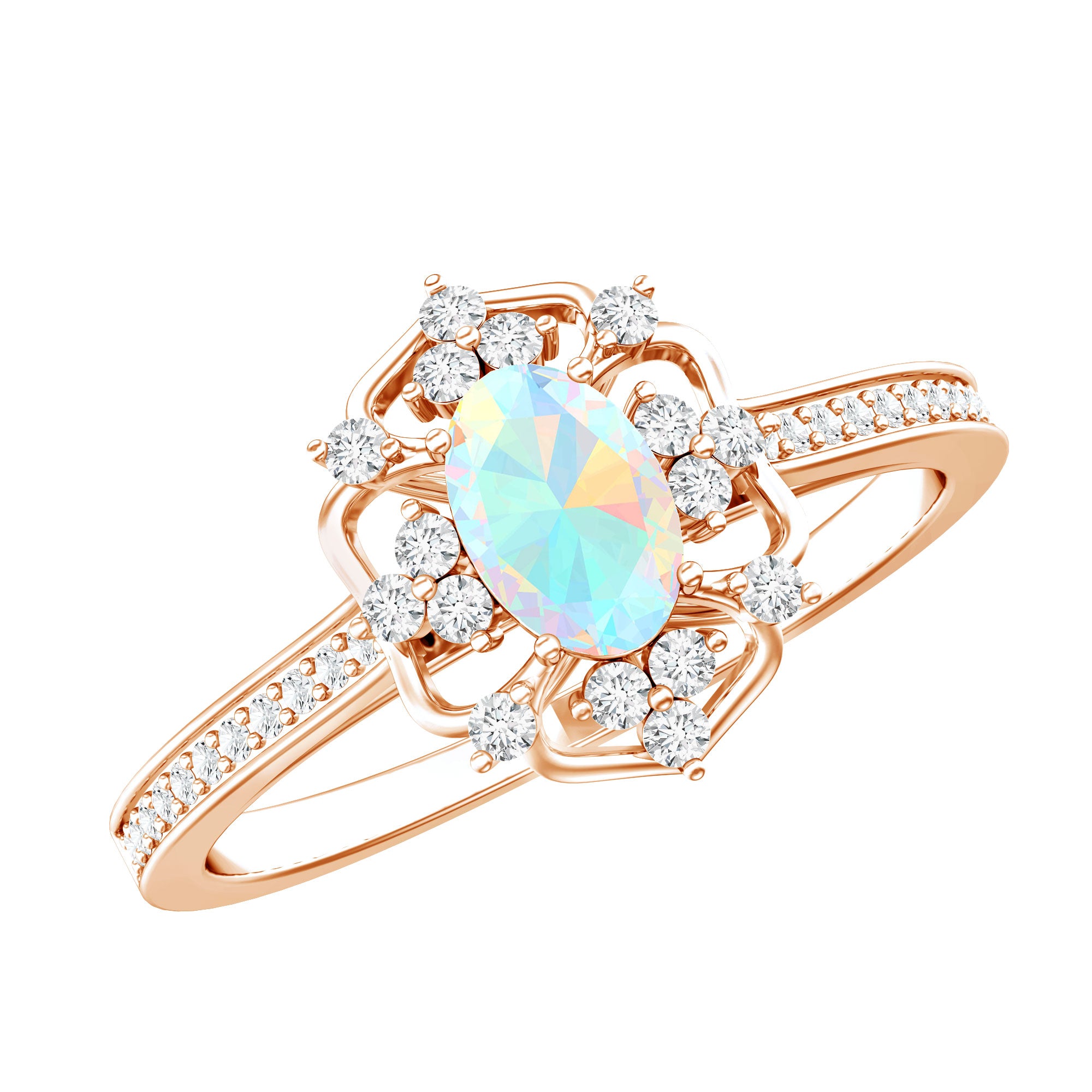Natural Oval Ethiopian Rainbow Opal Vintage Looking Engagement Ring with Diamond AAA - Rosec Jewels