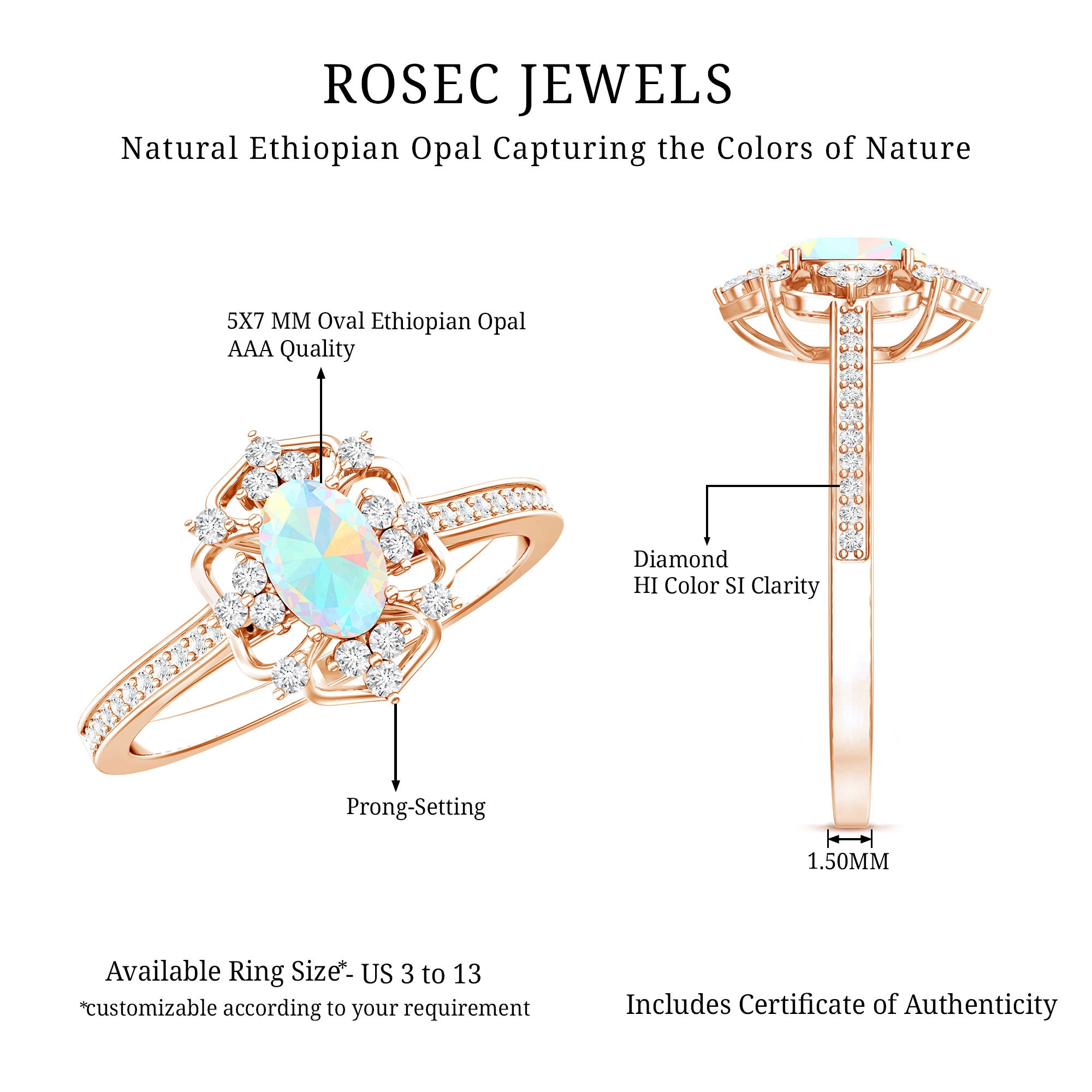 Natural Oval Ethiopian Rainbow Opal Vintage Looking Engagement Ring with Diamond AAA - Rosec Jewels
