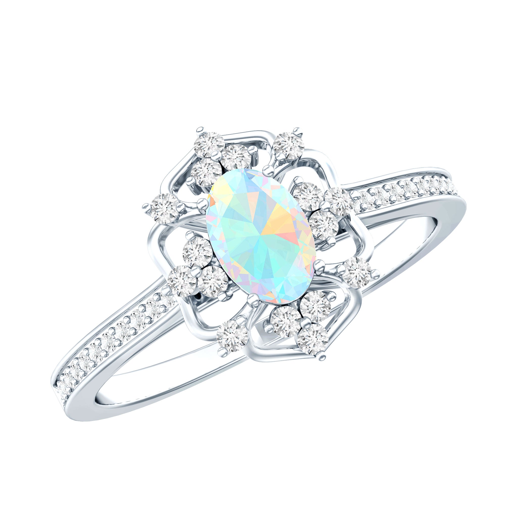 Natural Oval Ethiopian Rainbow Opal Vintage Looking Engagement Ring with Diamond AAA - Rosec Jewels
