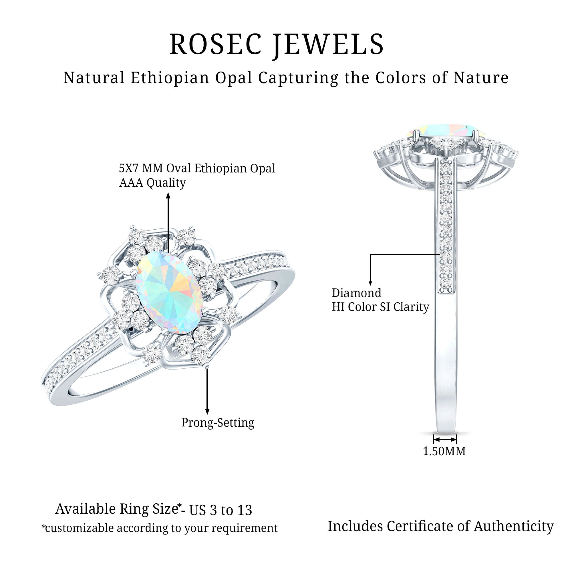 Natural Oval Ethiopian Rainbow Opal Vintage Looking Engagement Ring with Diamond AAA - Rosec Jewels
