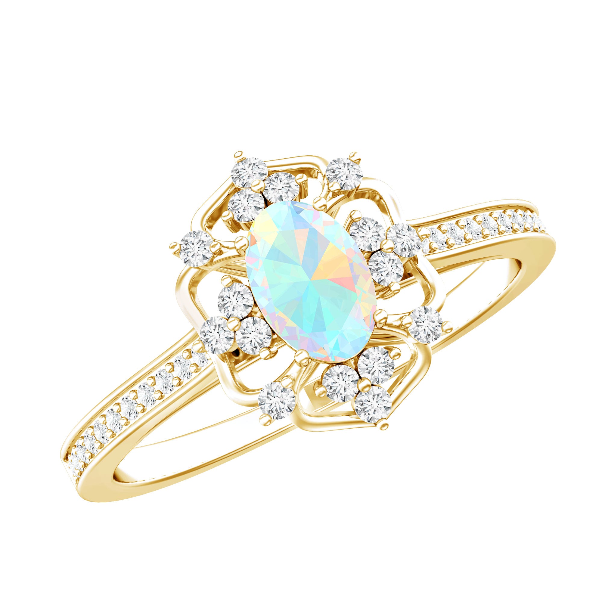 Natural Oval Ethiopian Rainbow Opal Vintage Looking Engagement Ring with Diamond AAA - Rosec Jewels