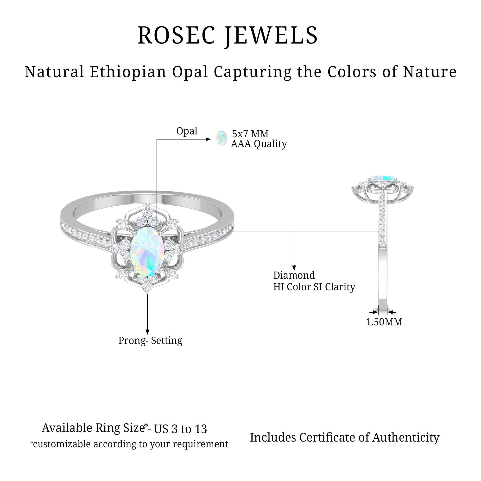 Vintage Style Ethiopian Opal and Diamond Floral Engagement Ring Ethiopian Opal - ( AAA ) - Quality - Rosec Jewels