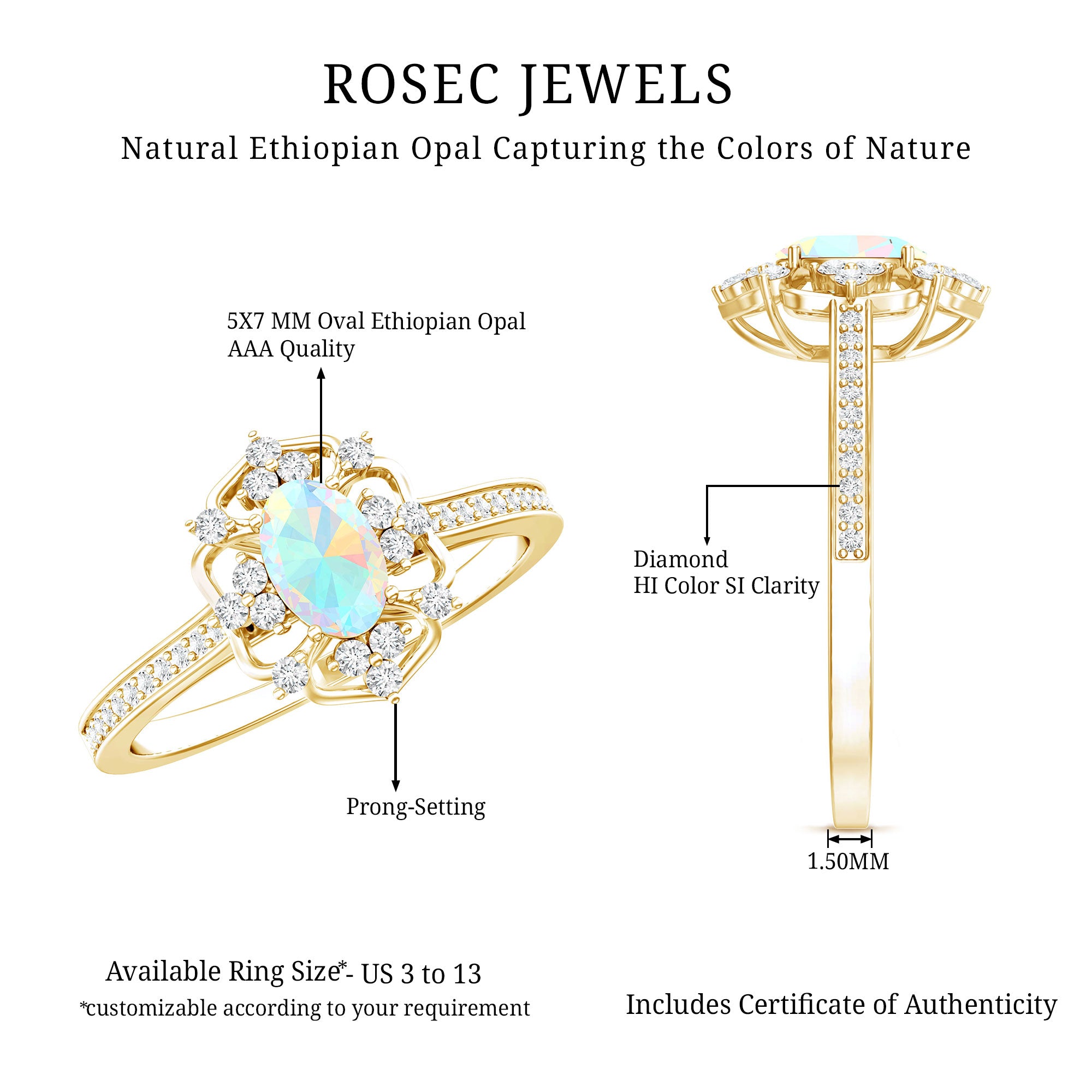 Natural Oval Ethiopian Rainbow Opal Vintage Looking Engagement Ring with Diamond AAA - Rosec Jewels