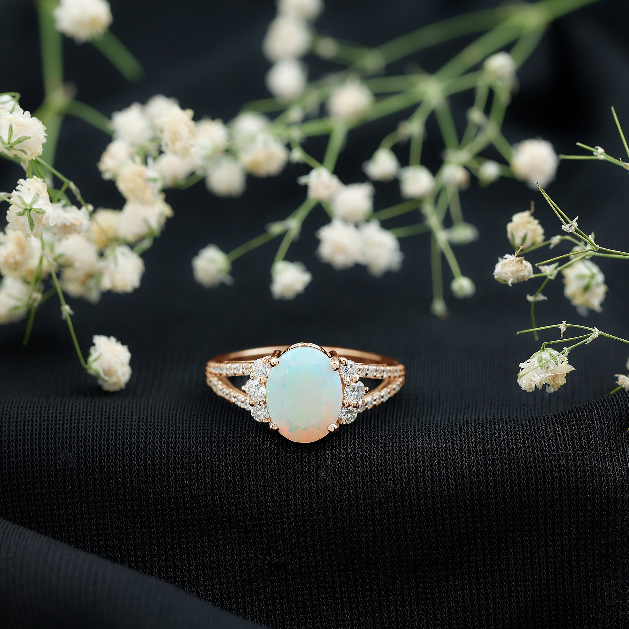 Certified 8X10 mm Ethiopian Opal Oval Engagement Ring with Diamond AAA - Rosec Jewels
