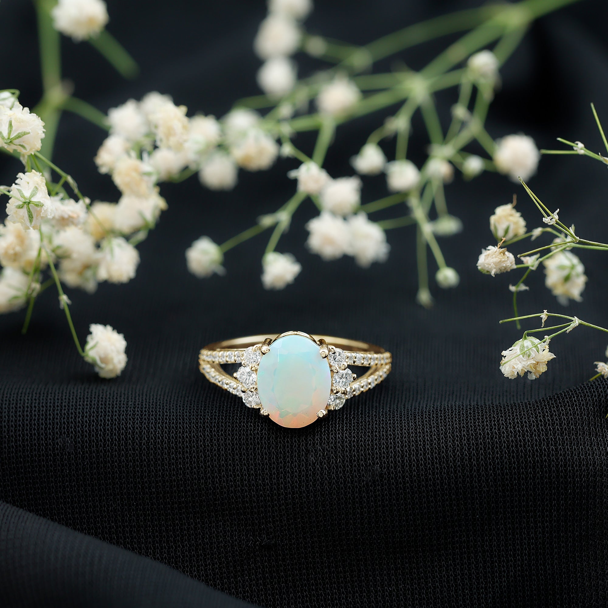 Certified 8X10 mm Ethiopian Opal Oval Engagement Ring with Diamond AAA - Rosec Jewels