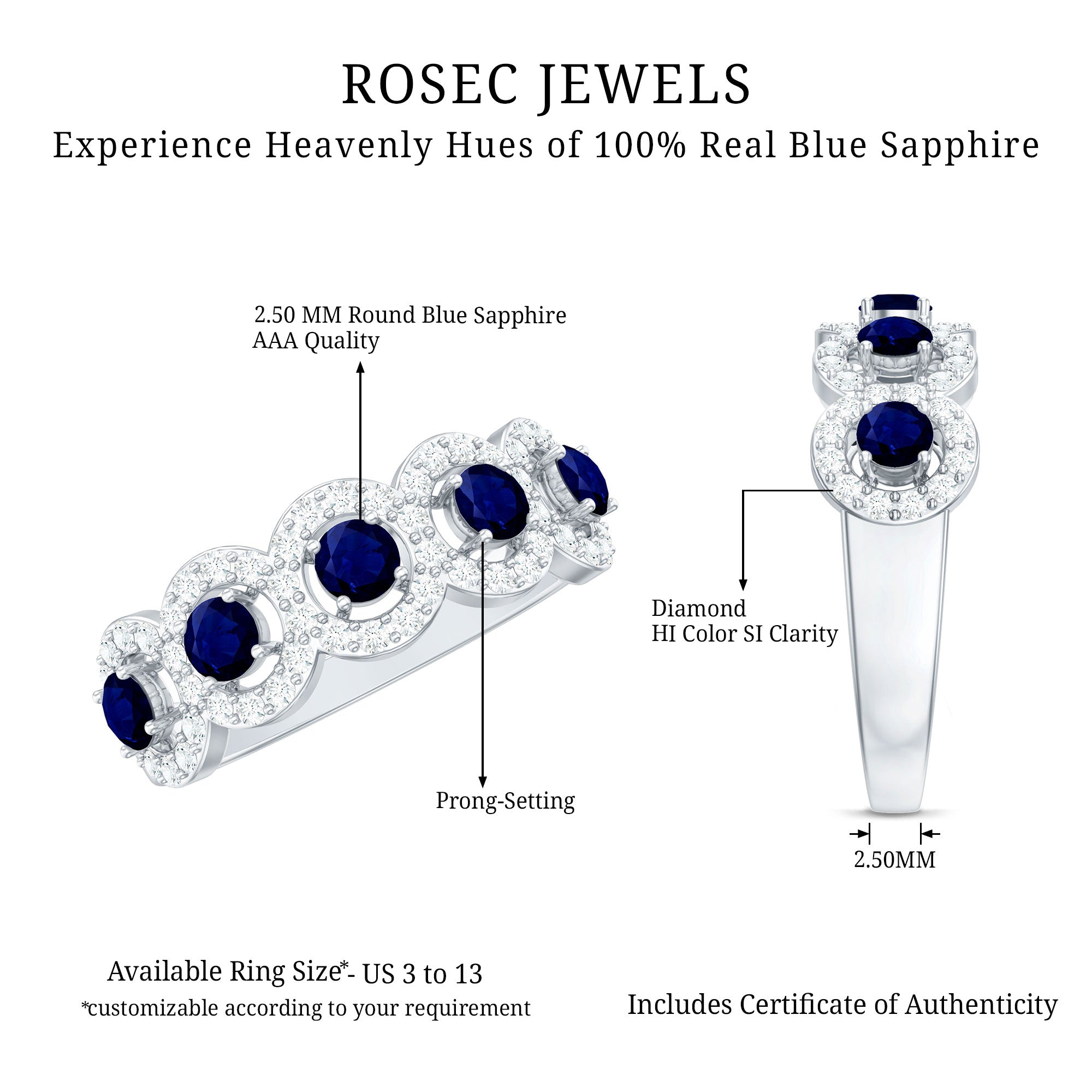 Classic Blue Sapphire Half Eternity Anniversary Ring with Diamond AAA - Rosec Jewels