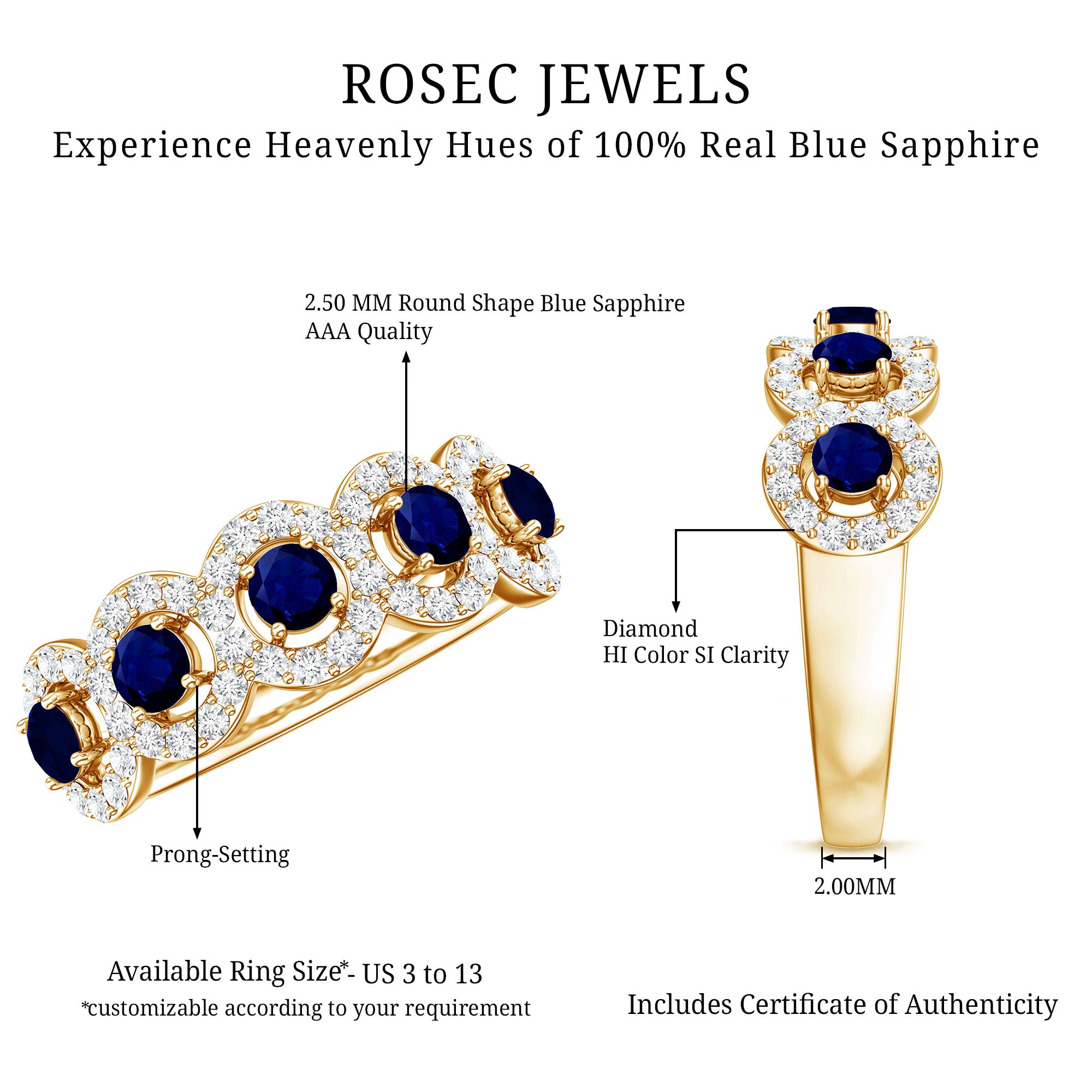 Classic Blue Sapphire Half Eternity Anniversary Ring with Diamond AAA - Rosec Jewels