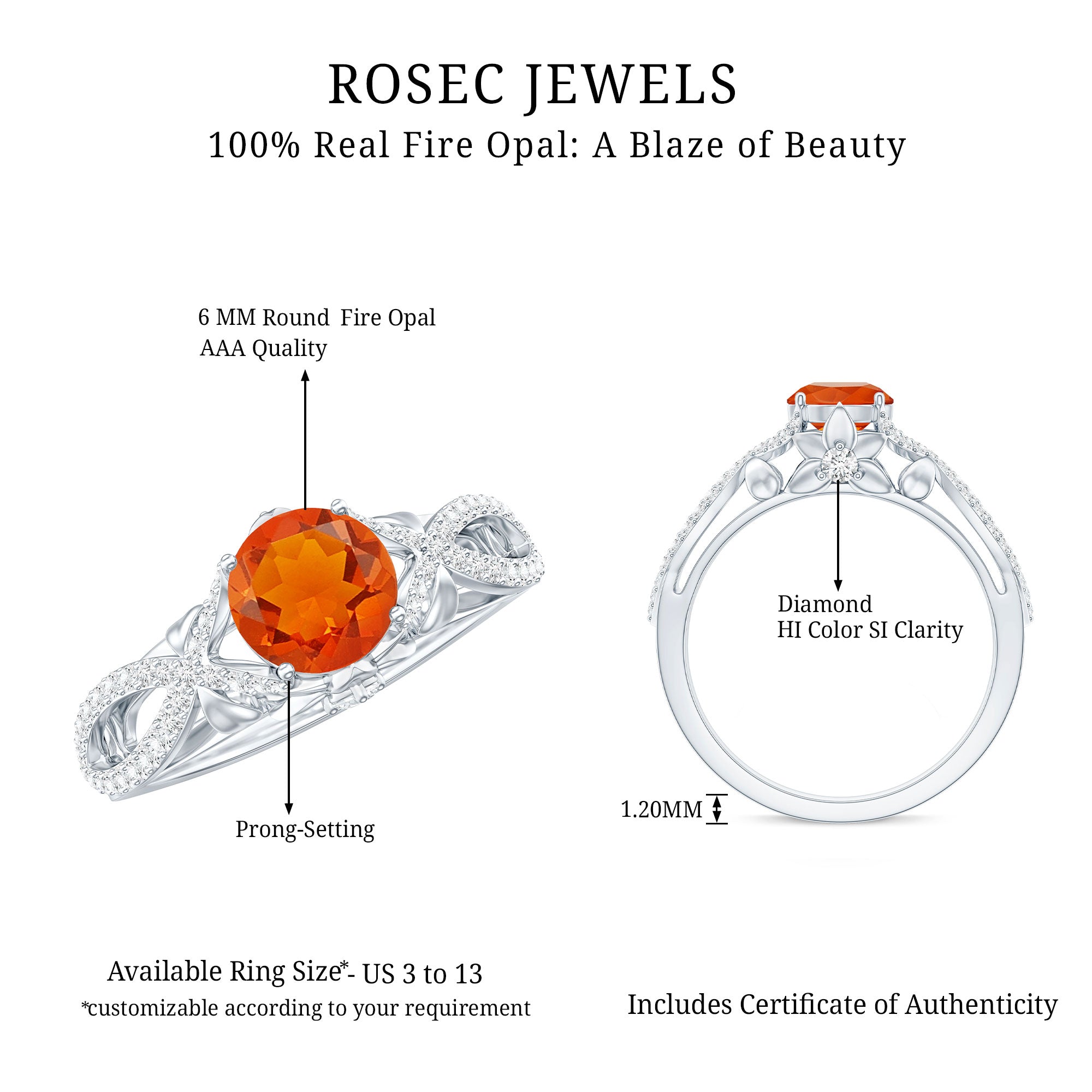 0.7 Carat Fire Opal Crossover Engagement Ring with Diamond AAA - Rosec Jewels