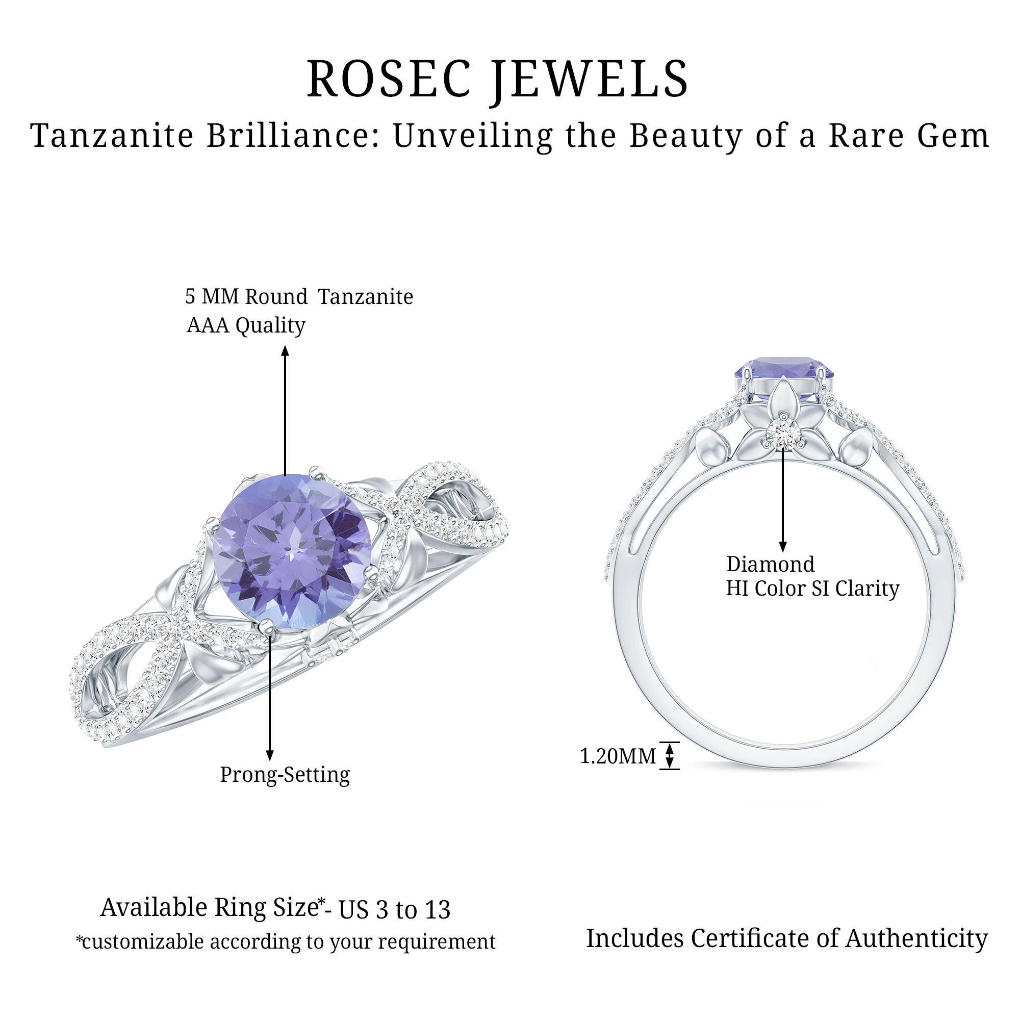 Designer Tanzanite Engagement Ring with Diamond Crossover Shank AAA - Rosec Jewels