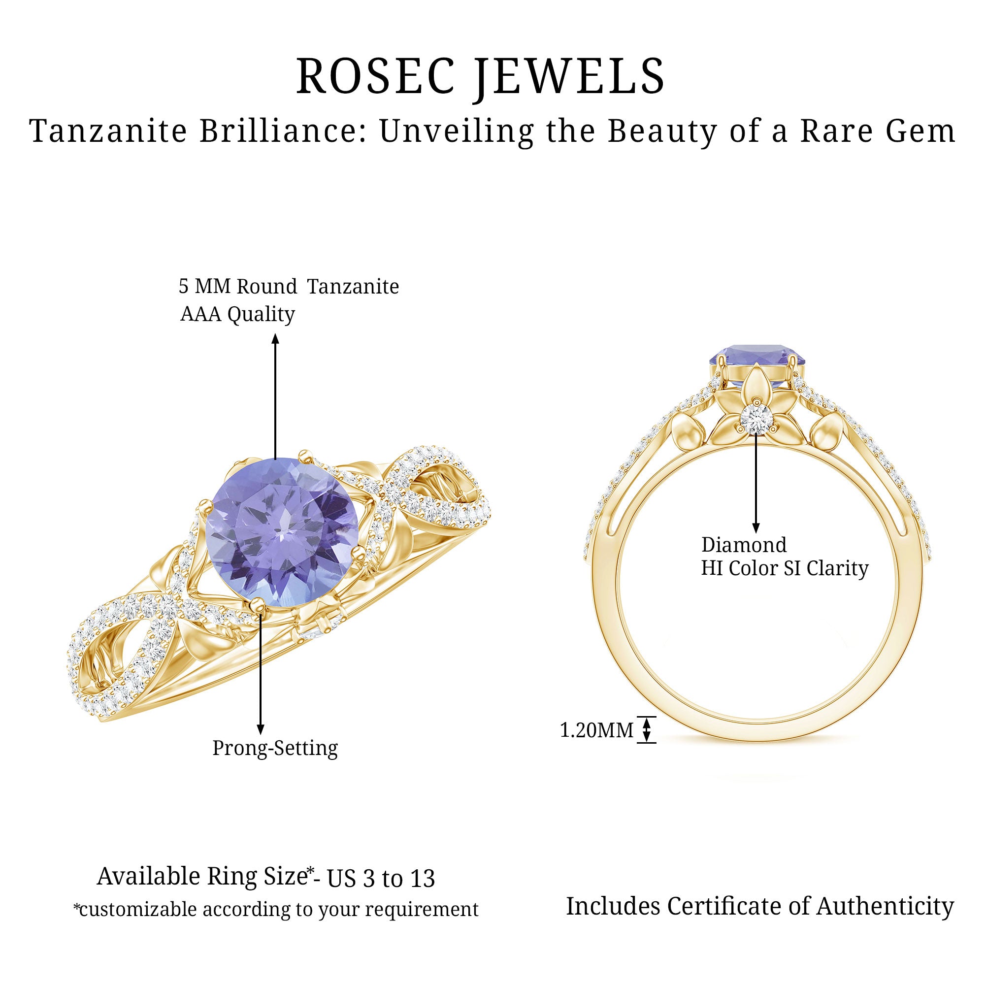 Designer Tanzanite Engagement Ring with Diamond Crossover Shank AAA - Rosec Jewels