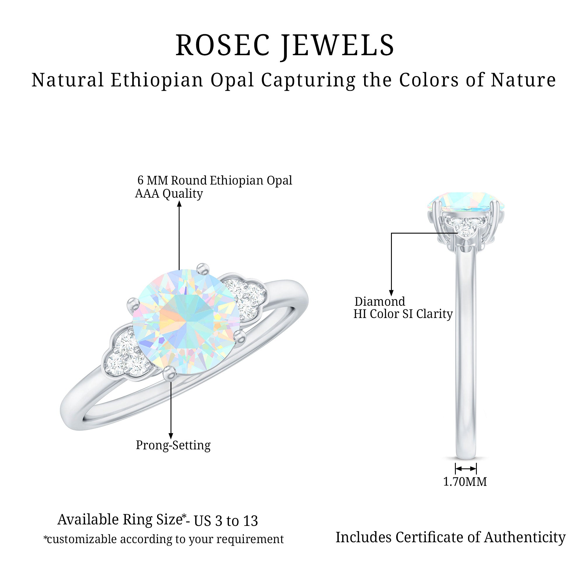 Natural Ethiopian Opal Engagement Ring with Diamond Trio AAA - Rosec Jewels