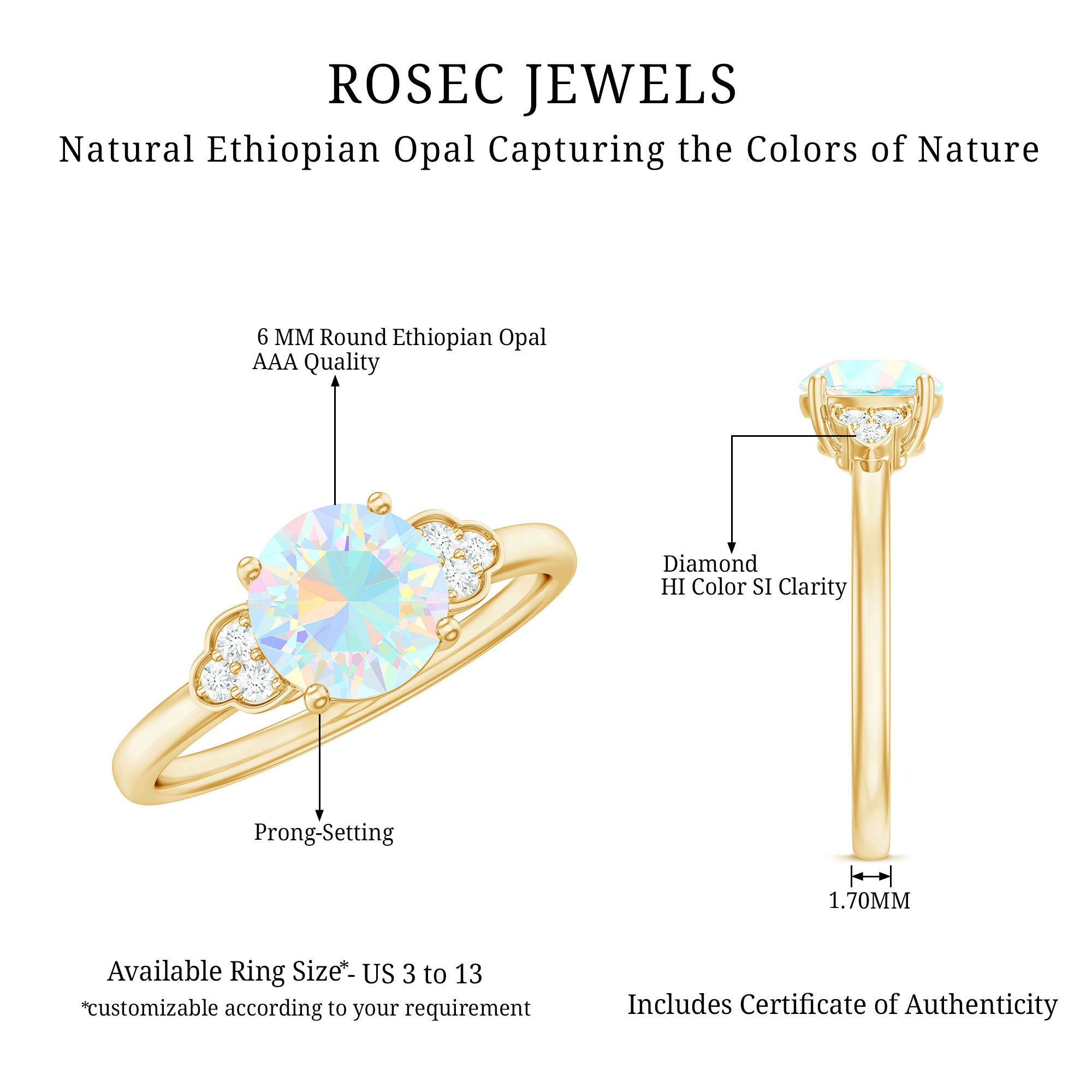 Natural Ethiopian Opal Engagement Ring with Diamond Trio AAA - Rosec Jewels