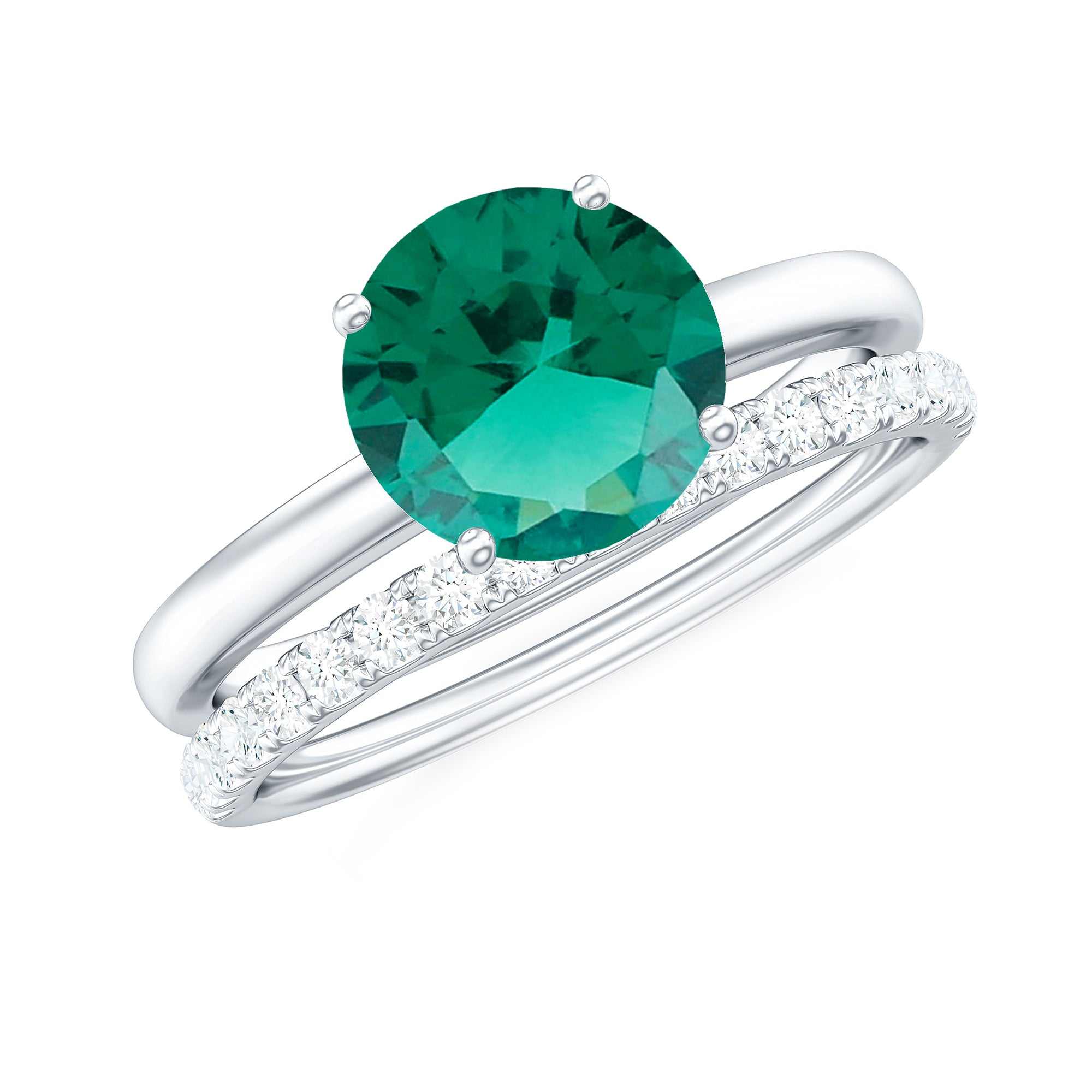 Certified Solitaire Lab Grown Emerald Engagement Ring with Diamond Wedding Band