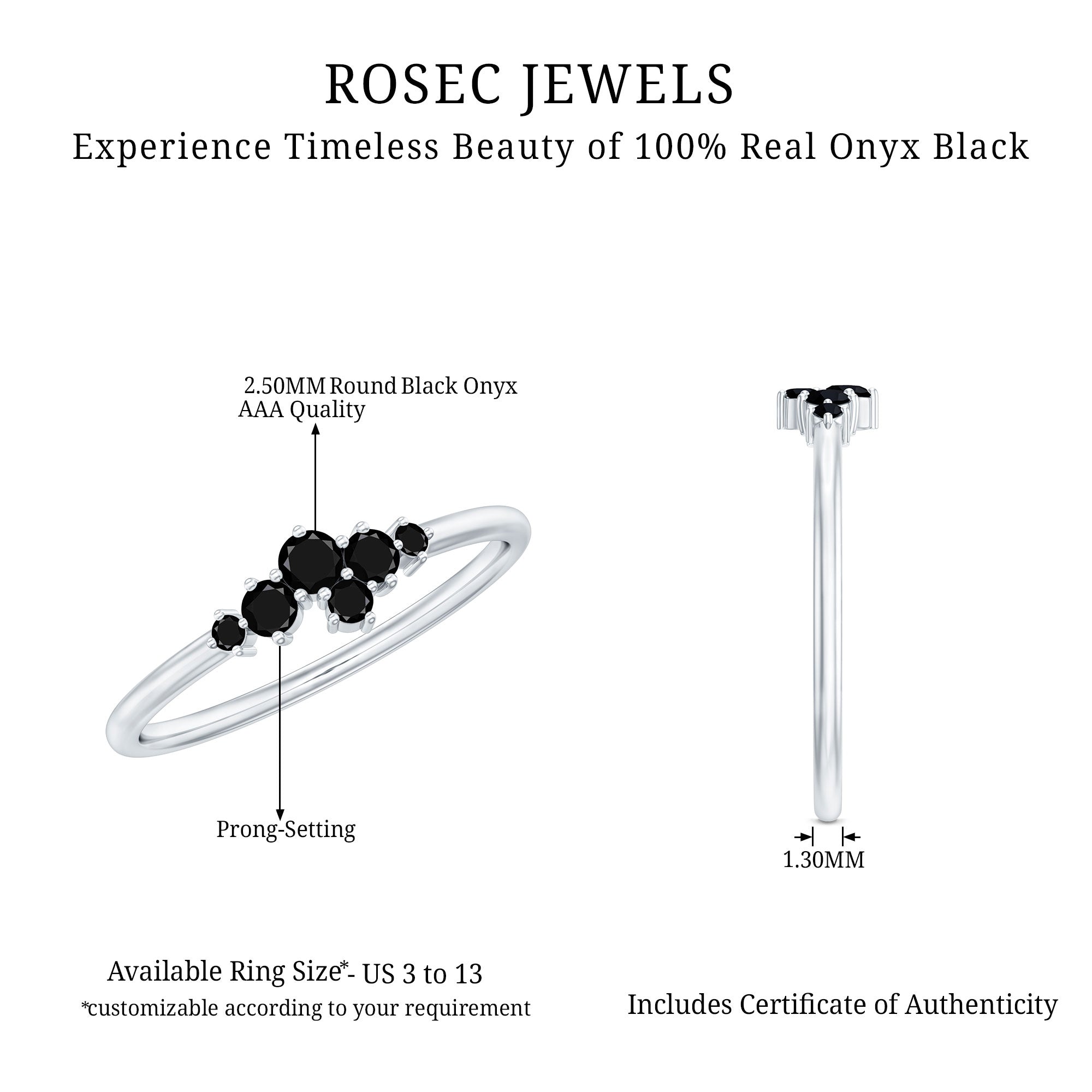 Certified Black Onyx Cluster Promise Ring for Her AAA - Rosec Jewels