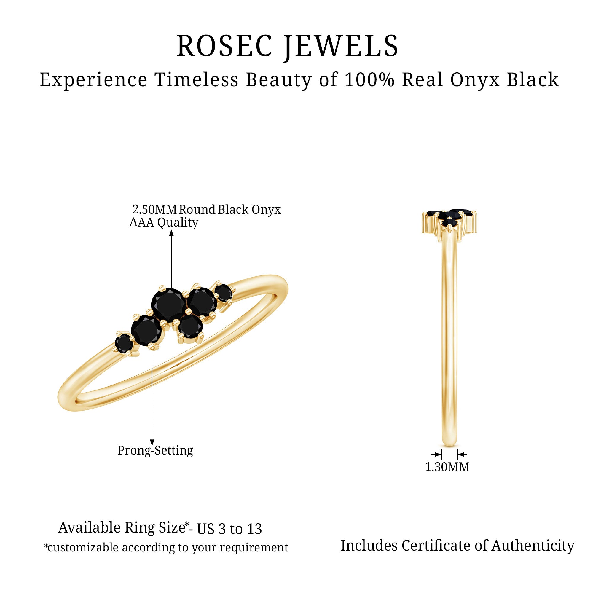 Certified Black Onyx Cluster Promise Ring for Her AAA - Rosec Jewels