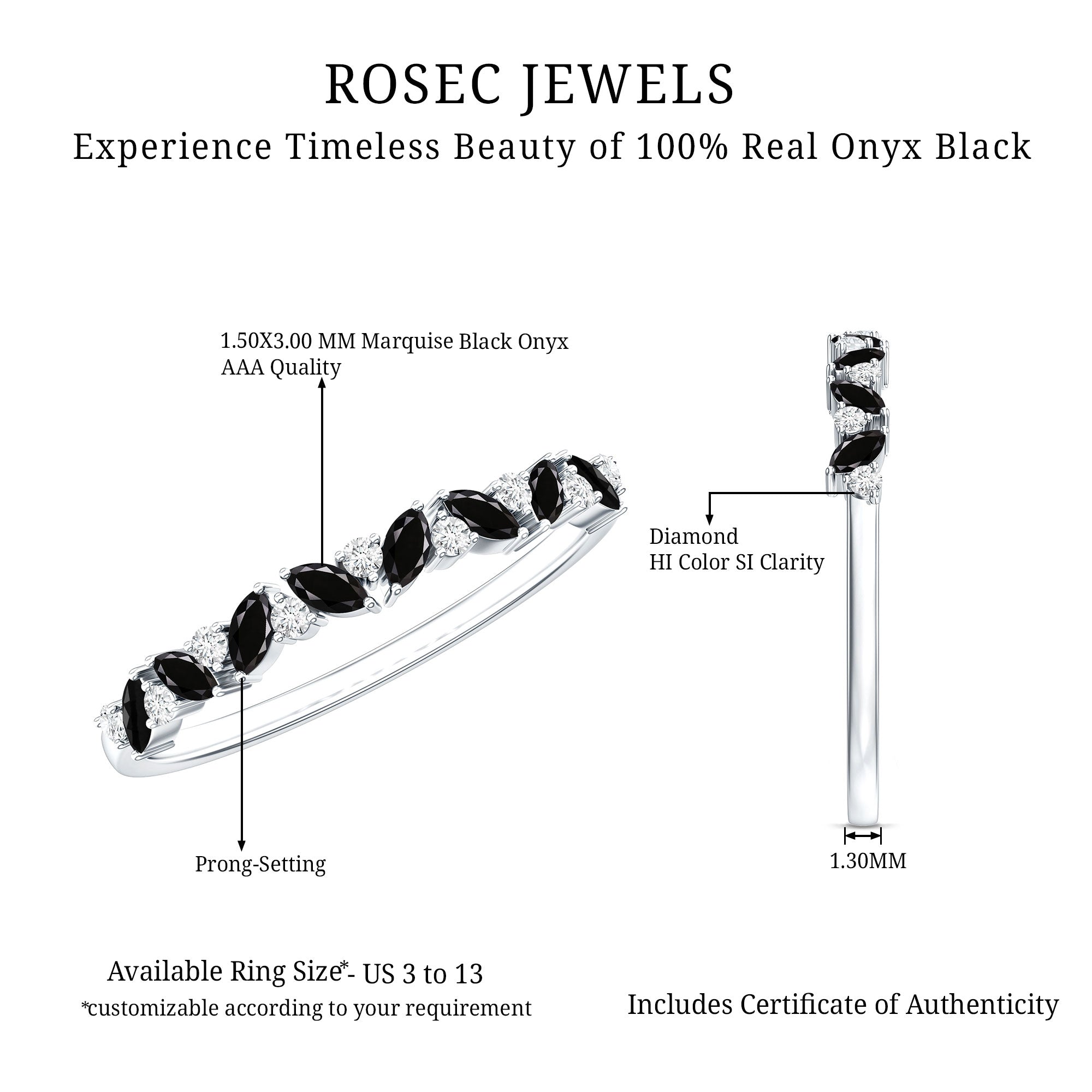 Minimalist Black Onyx and Diamond Half Eternity Ring AAA - Rosec Jewels