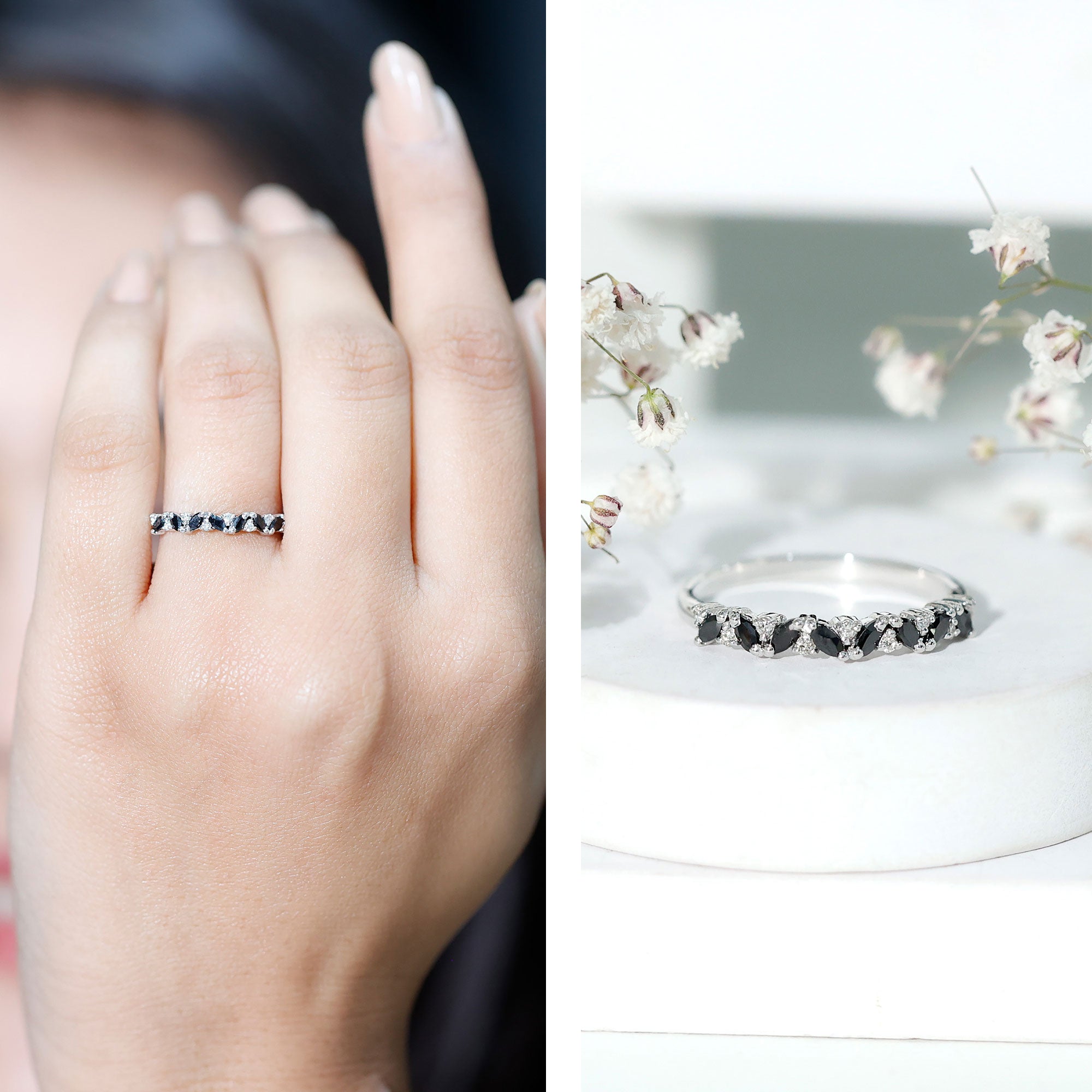 Minimalist Black Onyx and Diamond Half Eternity Ring AAA - Rosec Jewels