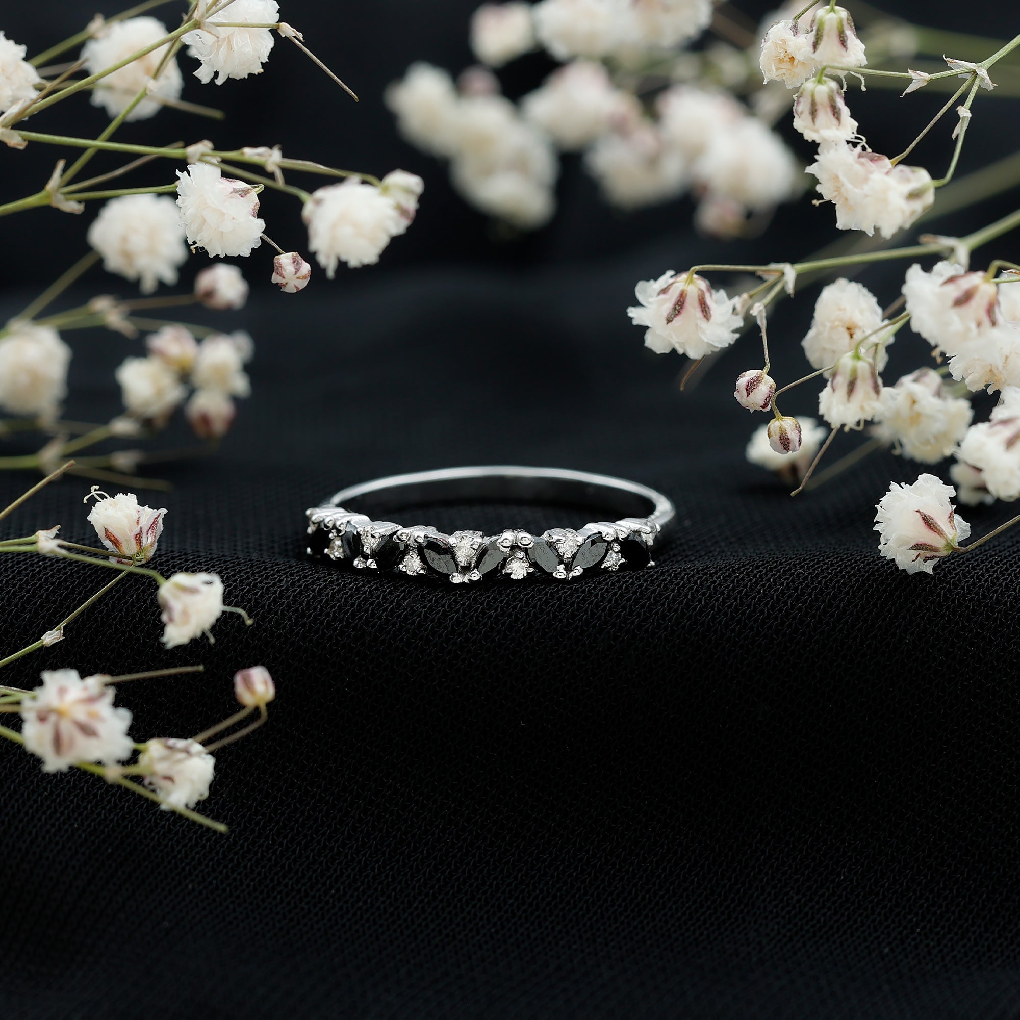 Minimalist Black Onyx and Diamond Half Eternity Ring AAA - Rosec Jewels