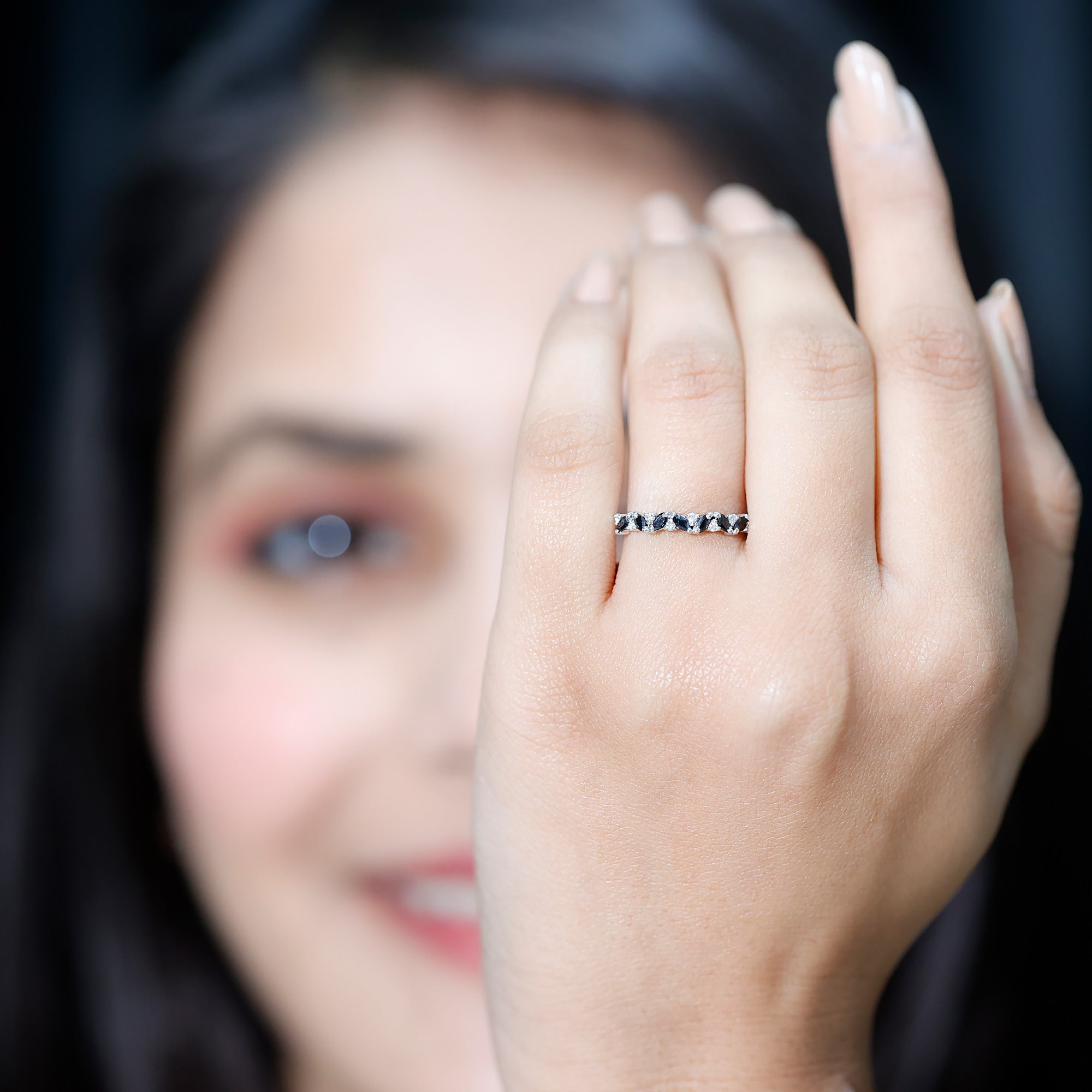 Minimalist Black Onyx and Diamond Half Eternity Ring AAA - Rosec Jewels