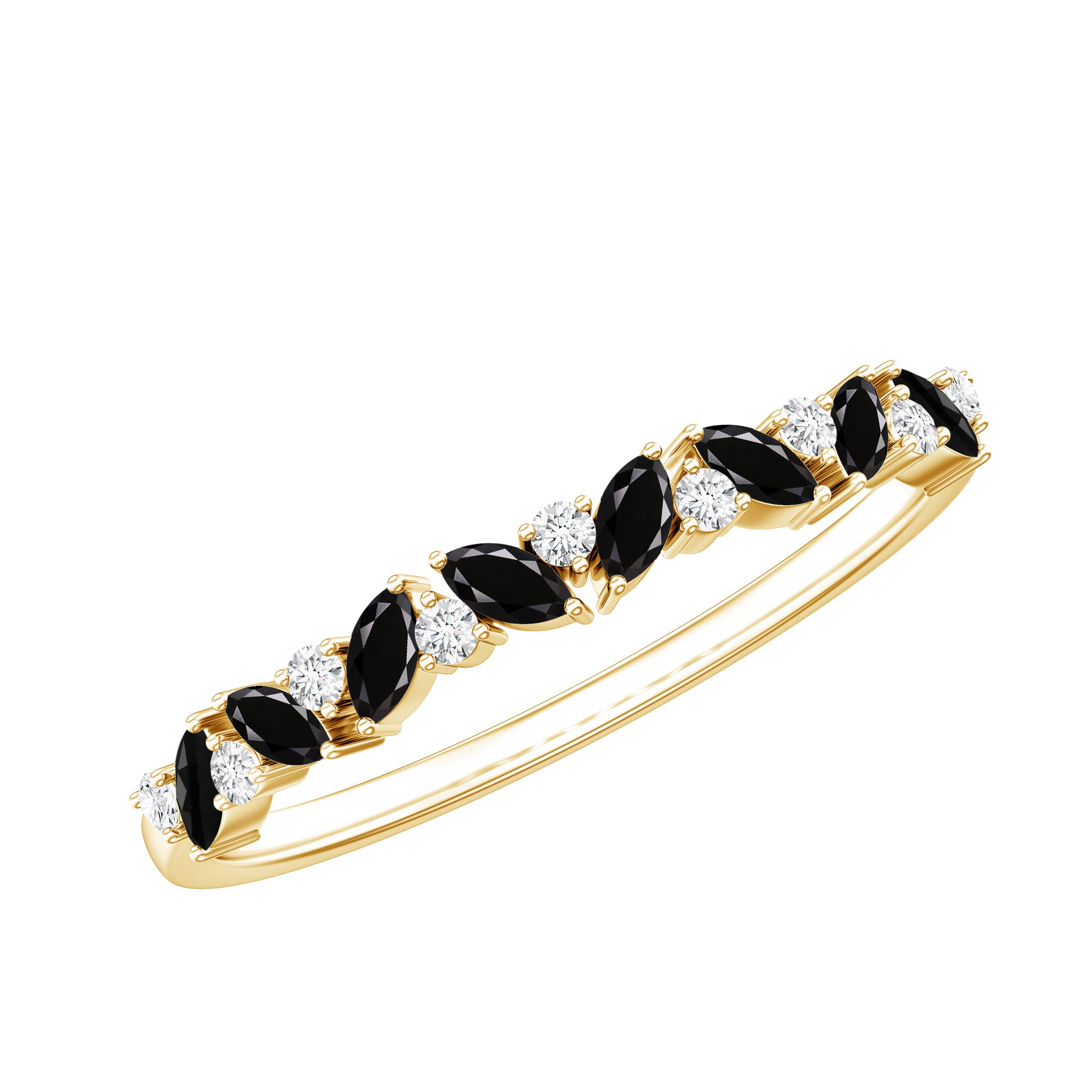 Minimalist Black Onyx and Diamond Half Eternity Ring AAA - Rosec Jewels