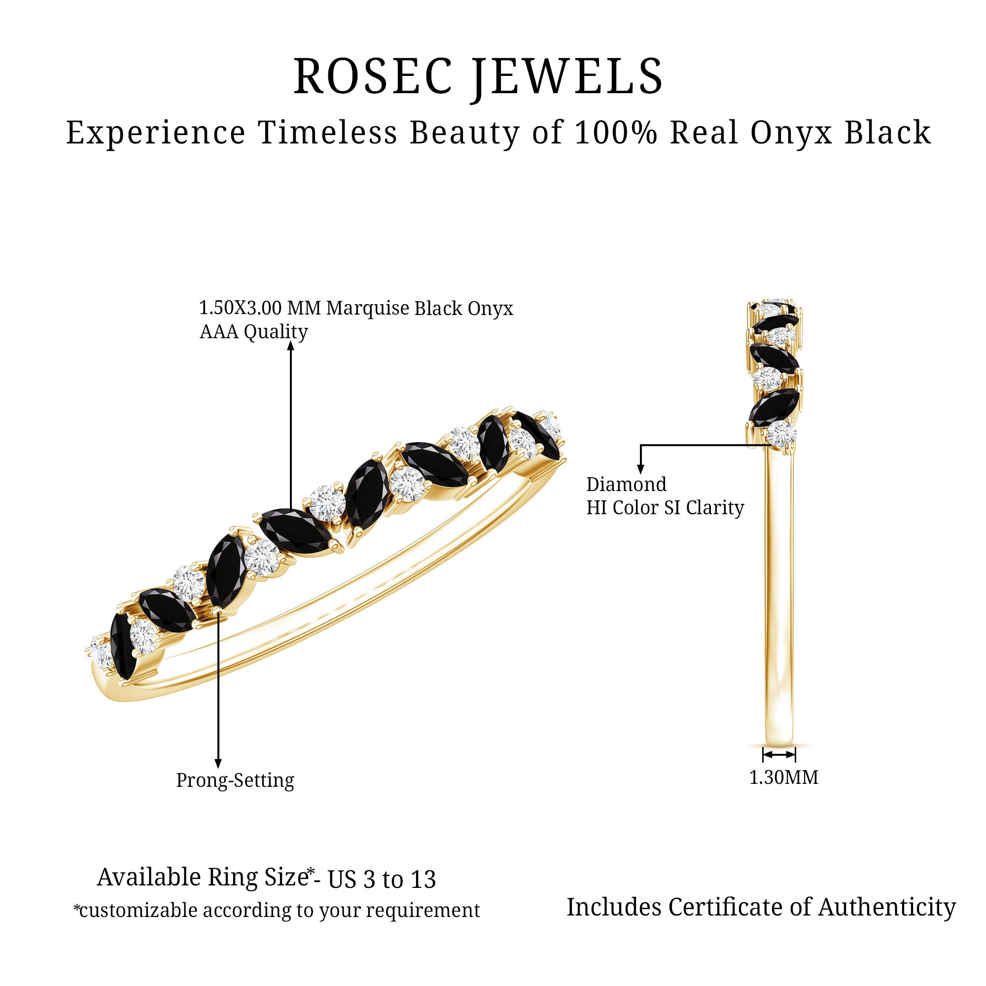 Minimalist Black Onyx and Diamond Half Eternity Ring AAA - Rosec Jewels
