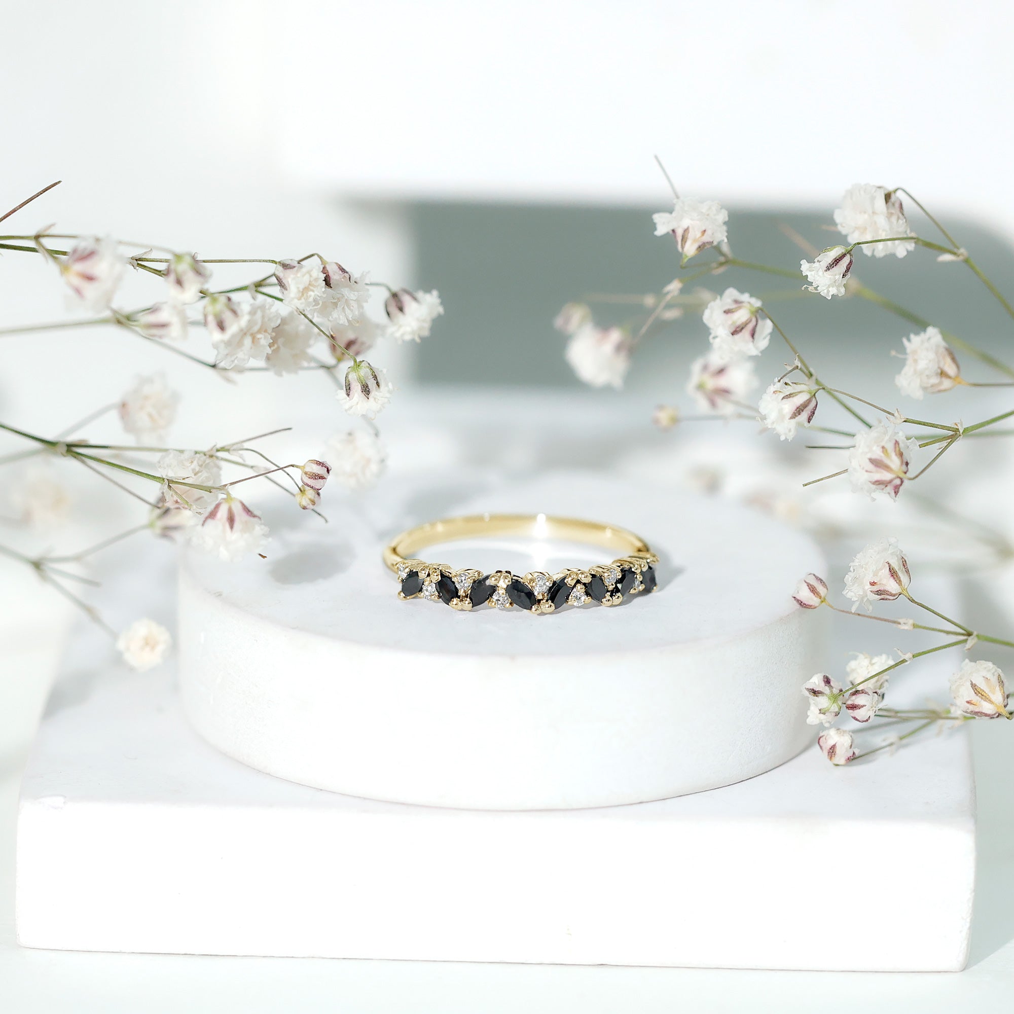 Minimalist Black Onyx and Diamond Half Eternity Ring AAA - Rosec Jewels