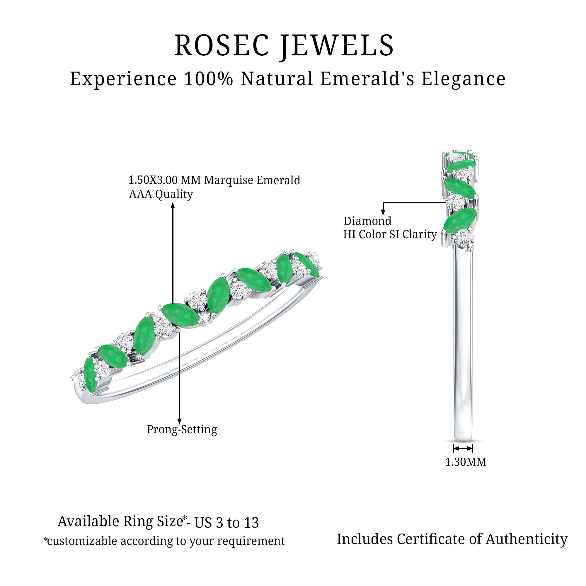 Rosec Jewels-Marquise Emerald and Diamond Half Eternity Ring